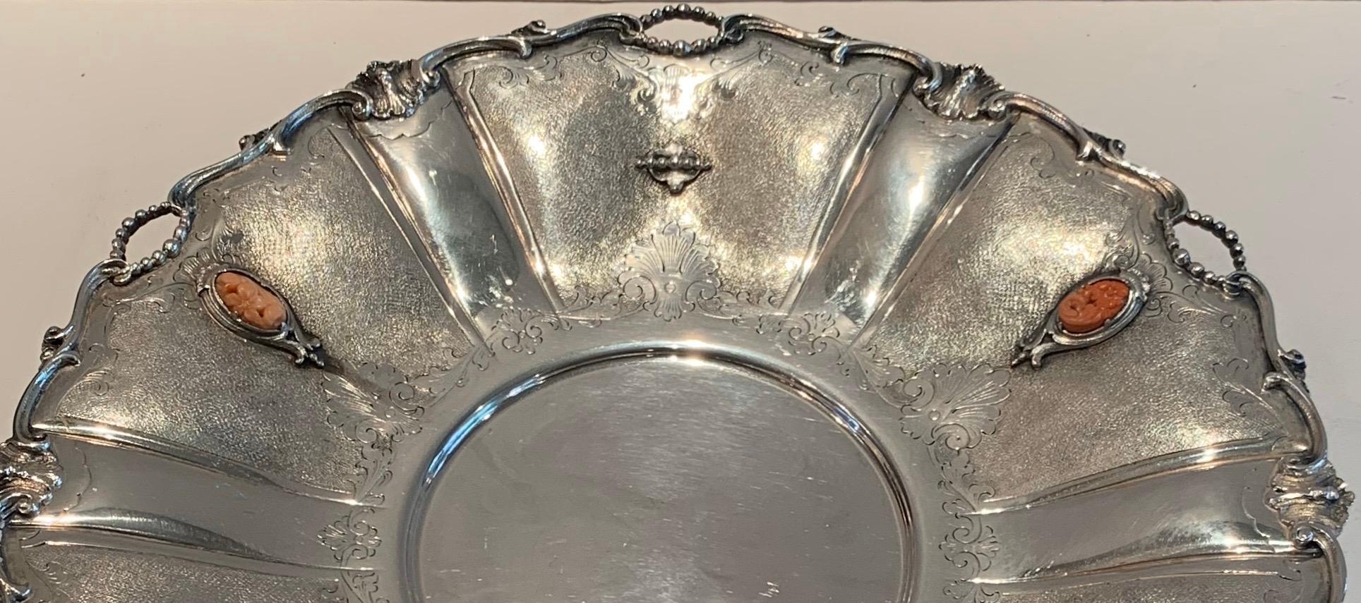 Wonderful European 800 Sterling Silver Platter Pierced Tray with Coral Mounts 1
