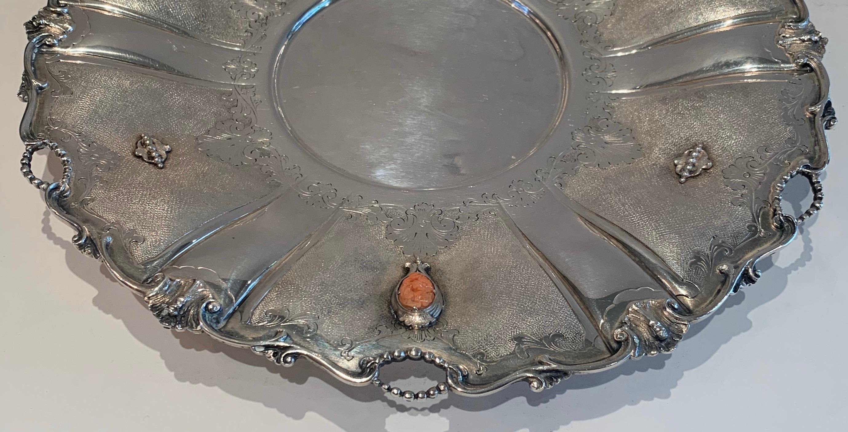 Wonderful European 800 Sterling Silver Platter Pierced Tray with Coral Mounts 3