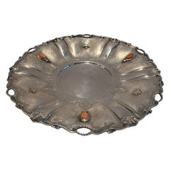 Wonderful European 800 Sterling Silver Platter Pierced Tray with Coral Mounts