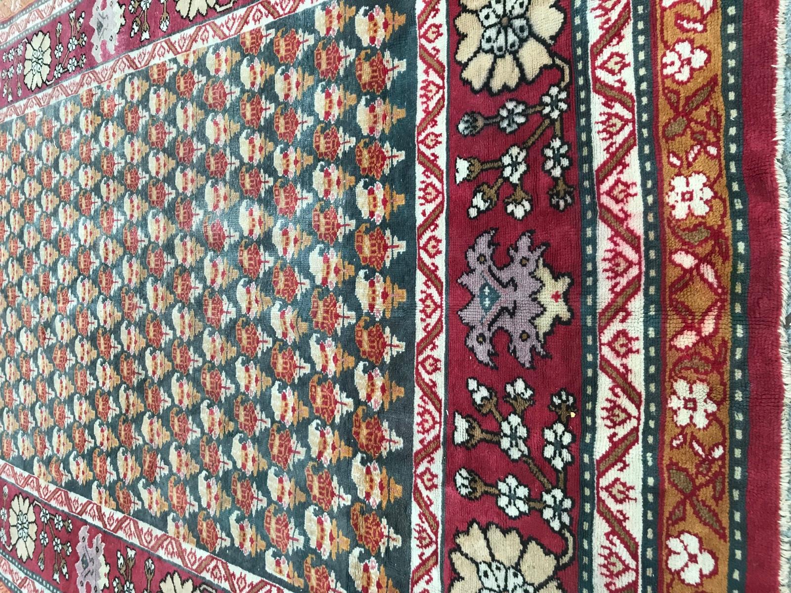 Beautiful long European style Algerian rug with nice colors and patterns very decorative with a curious design showing Santa Claus on each detail design, and beautiful colors with purple, pink, yellow and green, entirely hand knotted, wool velvet on