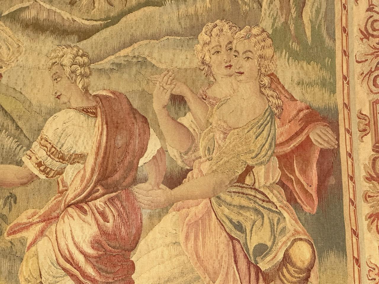 Very beautiful late 19th century French Aubusson tapestry of Beauvais with a nice design of  flower Harvest, Beautiful women are gathering flowers in the garden and the woods, chatting and having fun together with the men accompanying them. In the