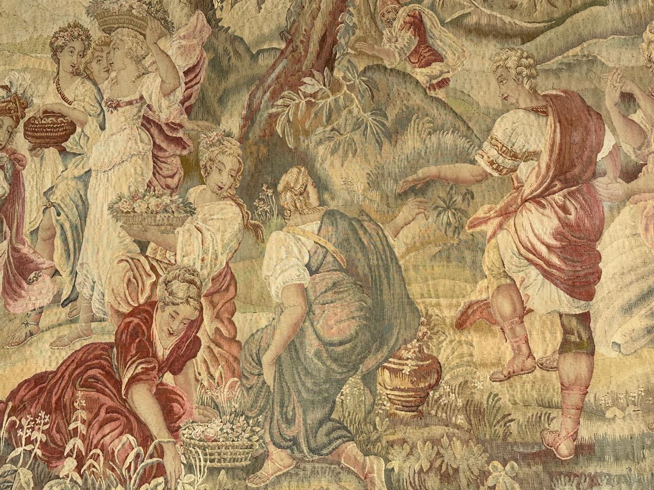 Aubusson Wonderful extremely fine antique silk french Beauvais tapestry «Flower Harvest» For Sale