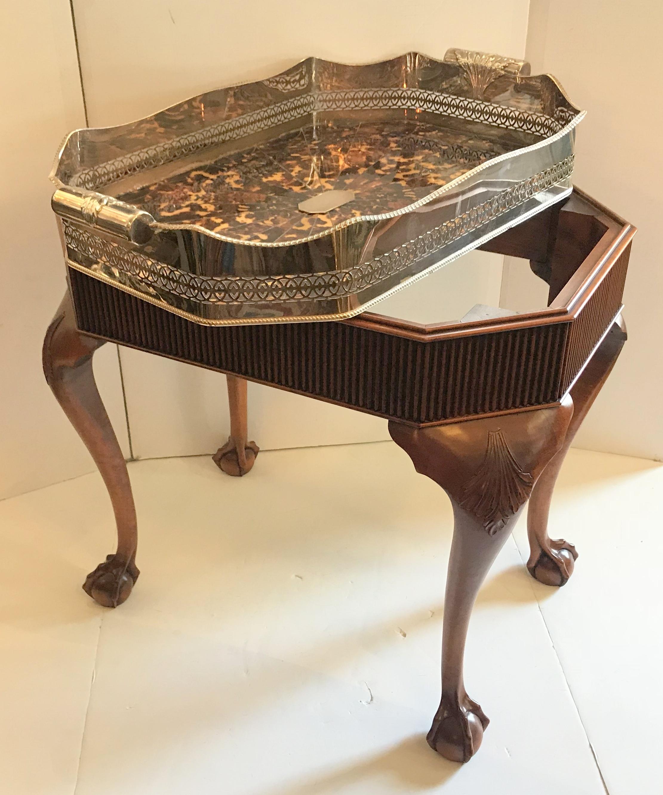 Neoclassical Wonderful Faux Tortoiseshell Silver Plated Gallery Tray English Mahogany Table