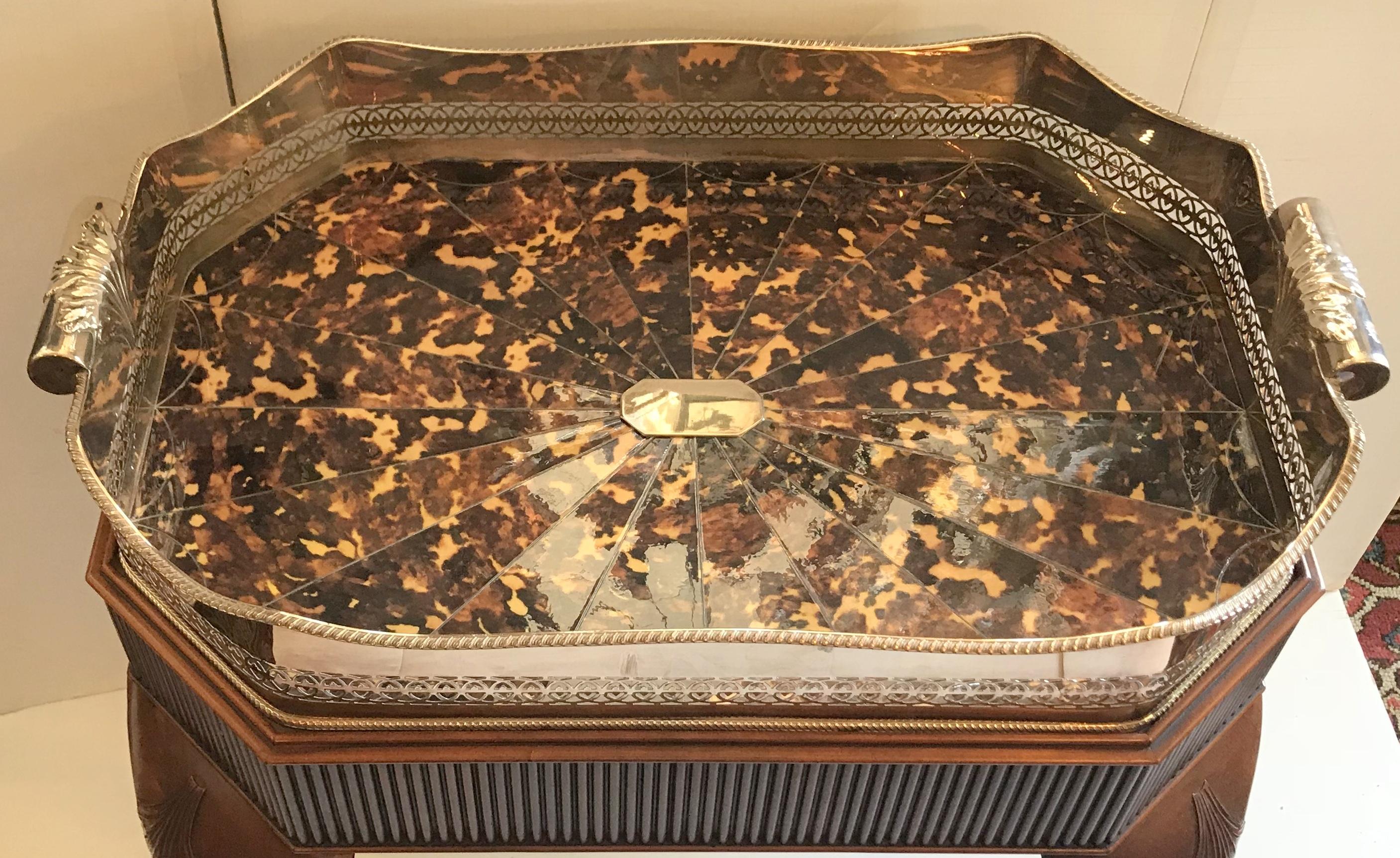Wonderful Faux Tortoiseshell Silver Plated Gallery Tray English Mahogany Table In Good Condition In Roslyn, NY