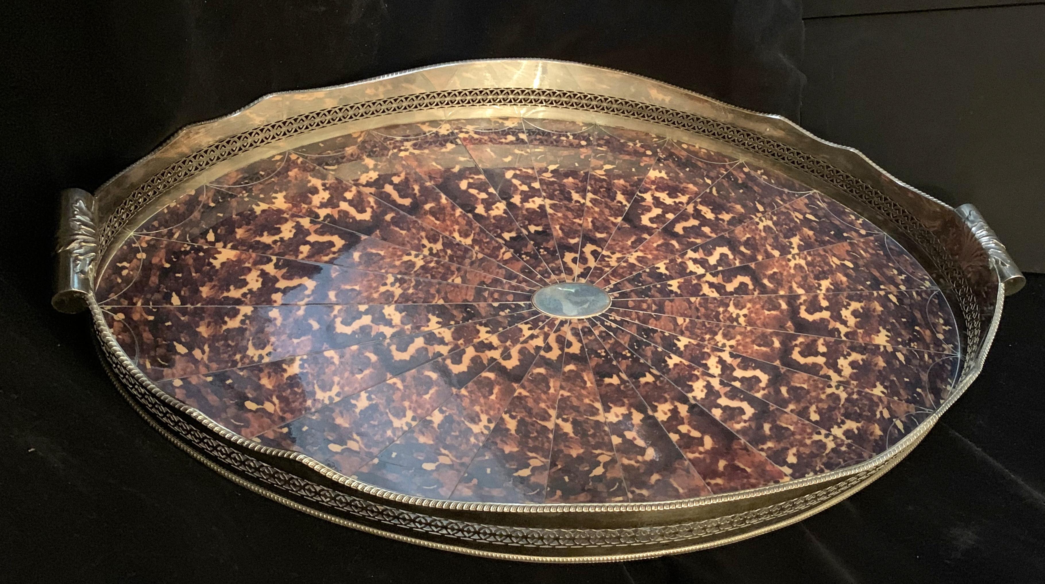 Tortoise Shell Wonderful Faux Tortoiseshell Silver Plated Oval Pierced Handle Gallery Big Tray