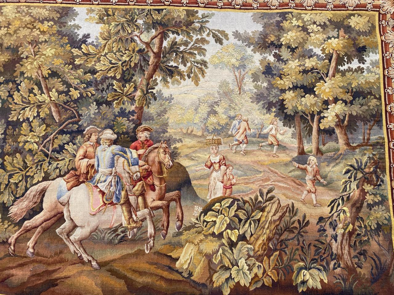 Very beautiful and fine Aubusson tapestry with a nice design of royal Court with knights, and very beautiful colors, entirely and finely handwoven with wool and silk, at the famous Braquenie workshops.
  
✨✨✨
