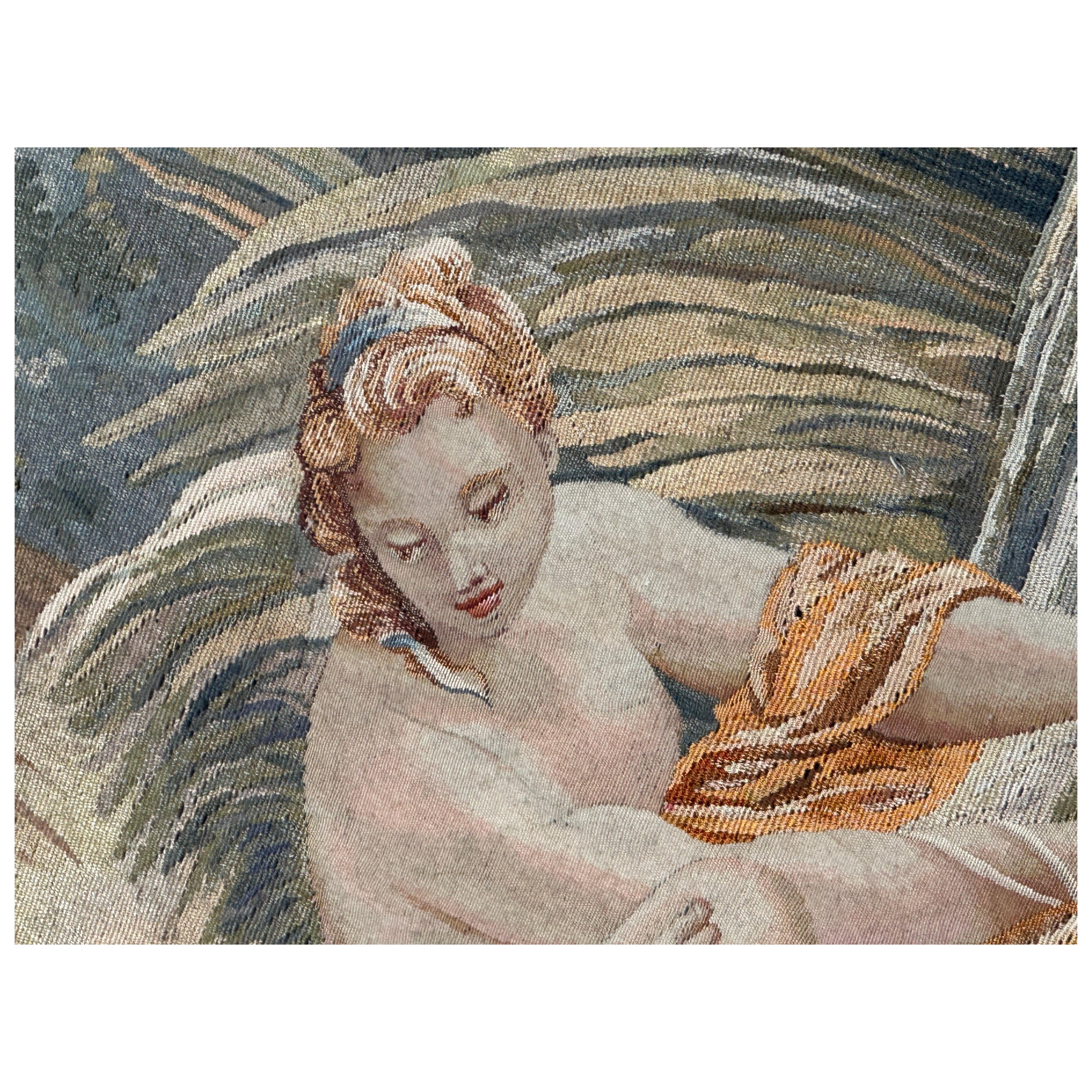 Meraviglioso arazzo Aubusson antico francese tessuto a mano "Diane return of hunt" (ritorno della caccia)