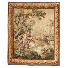 Wonderful Fine antique french handwoven Aubusson tapestry «lovers who fish»