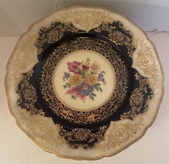 Wonderful Floral Pattern Service 12 Dinner Porcelain Plates Black Night Bavaria