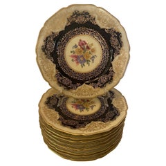 Wonderful Floral Pattern Service 12 Dinner Porcelain Plates Black Night Bavaria