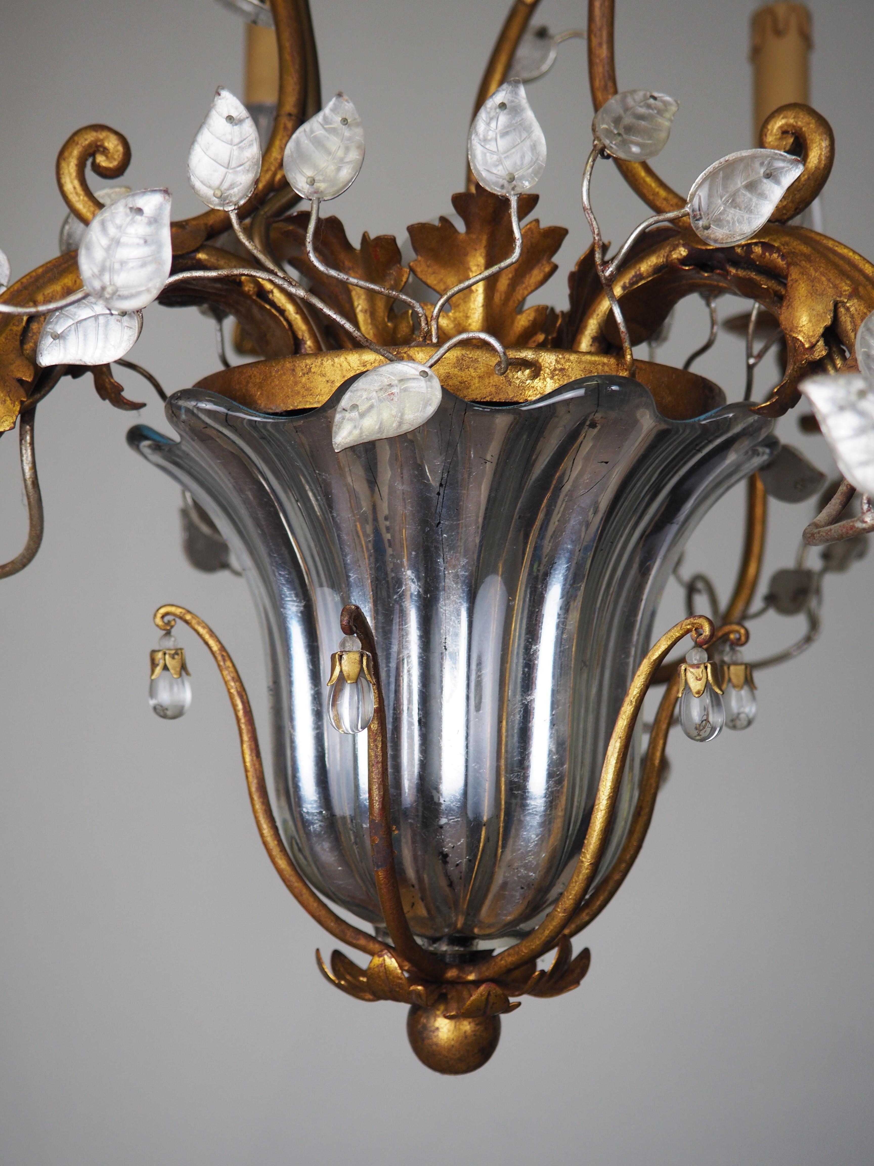 Crystal Gilt Iron Flower Leaves Chandelier by Giovani Banci, Italy,  circa 1960s For Sale