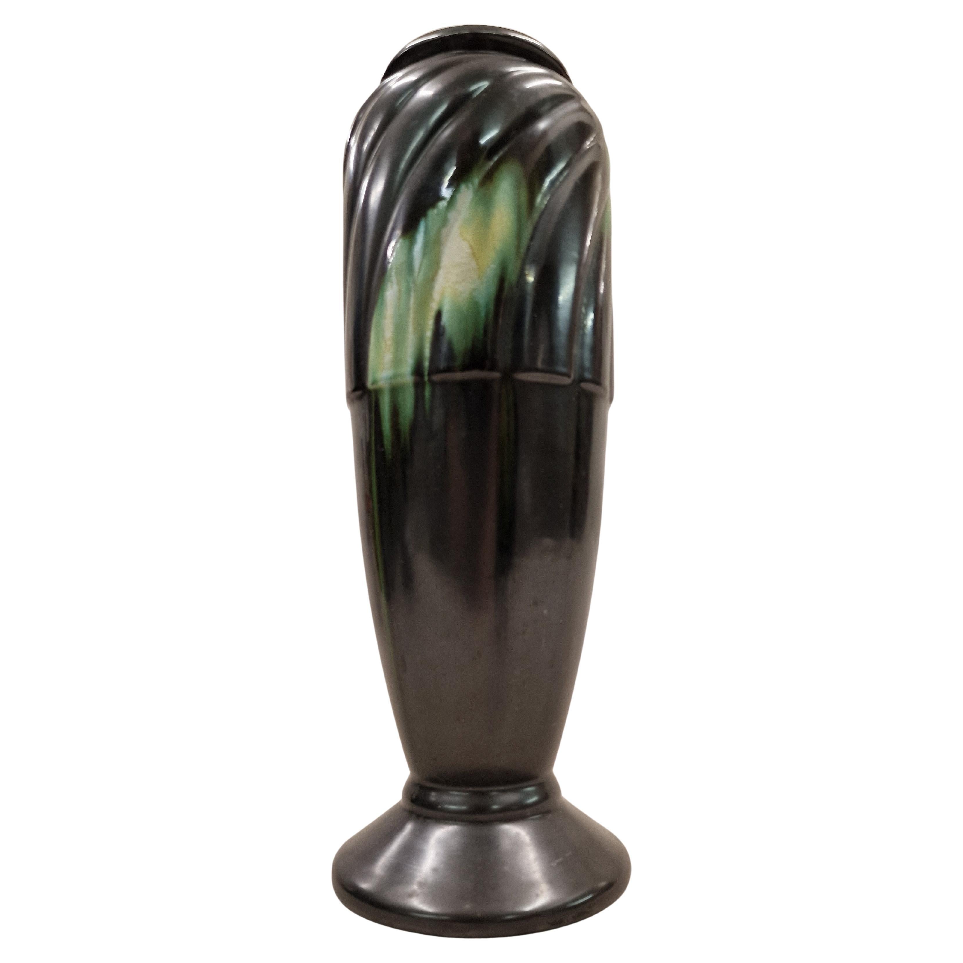 Stunning flower vase, ceramic, artistic run glaze, Art Deco, 1920, Belgium For Sale
