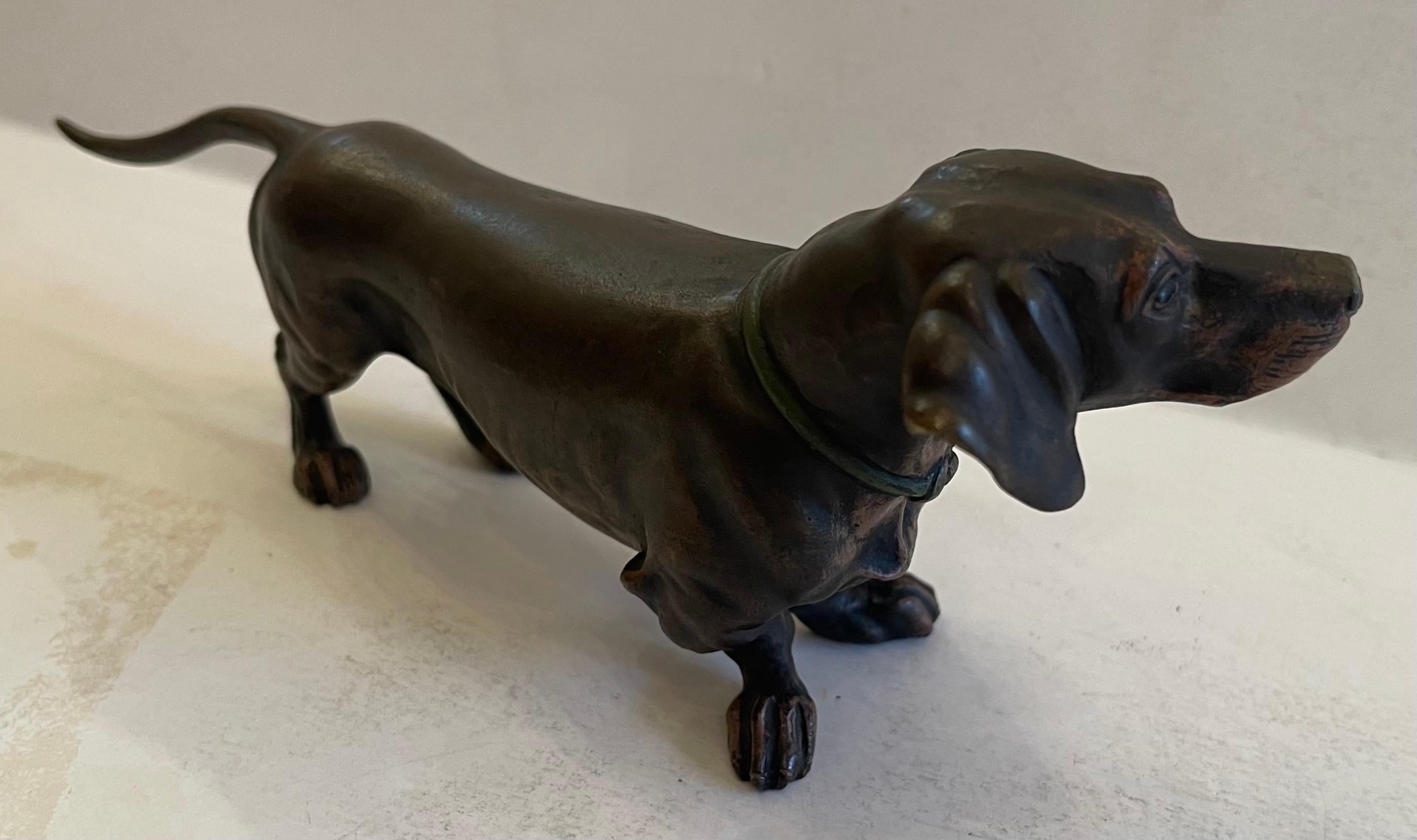 Maravillosa escultura de perro salchicha de pie Franz Bergman Vienna Austria Bronze Dog Sculpture Pintado en frío