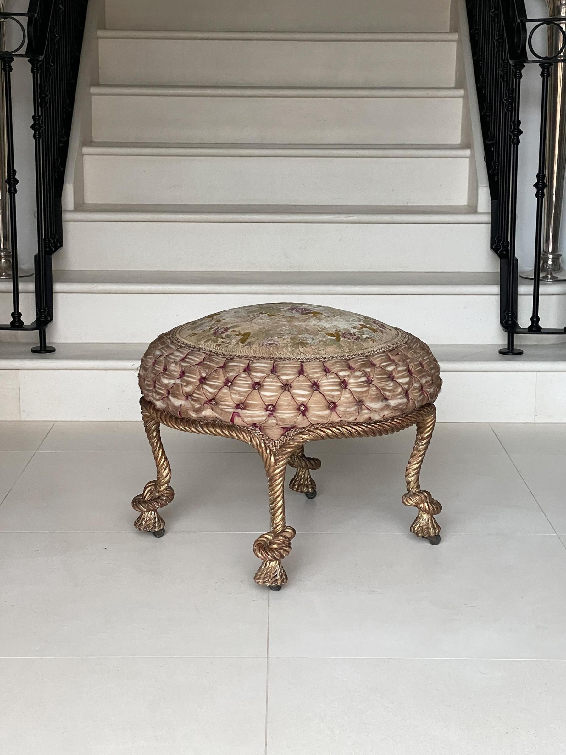 This wonderful French Napoleon III knotted rope twist stool / tabouret retaining its original needlepoint foliate upholstery, is very possibly from the workshop of A.M.E Fournier and previous part of the important collection of Lord