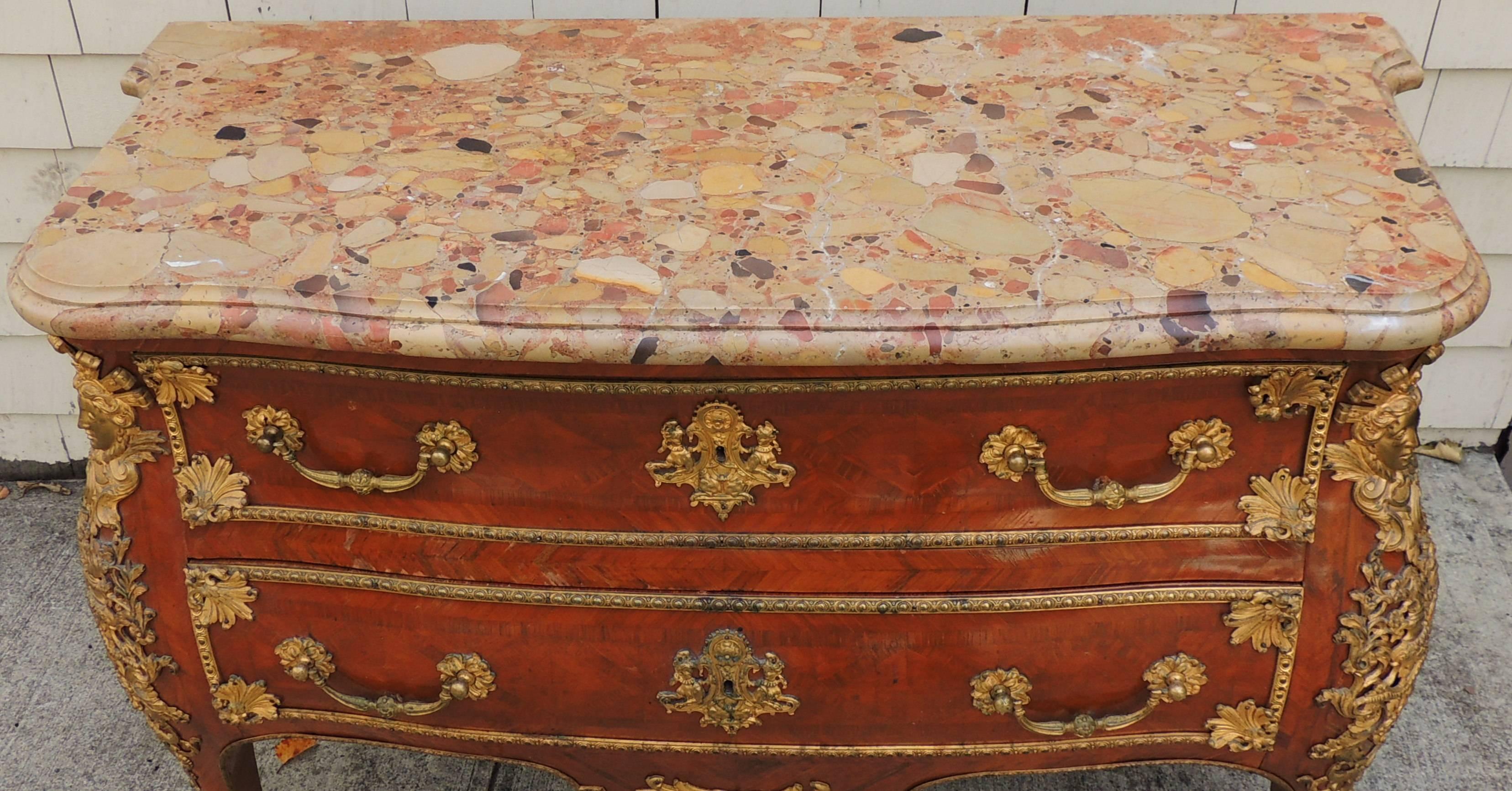 Wonderful French 19th Century Louis XV Ormolu Bronze-Mounted Marble-Top Commode In Good Condition In Roslyn, NY