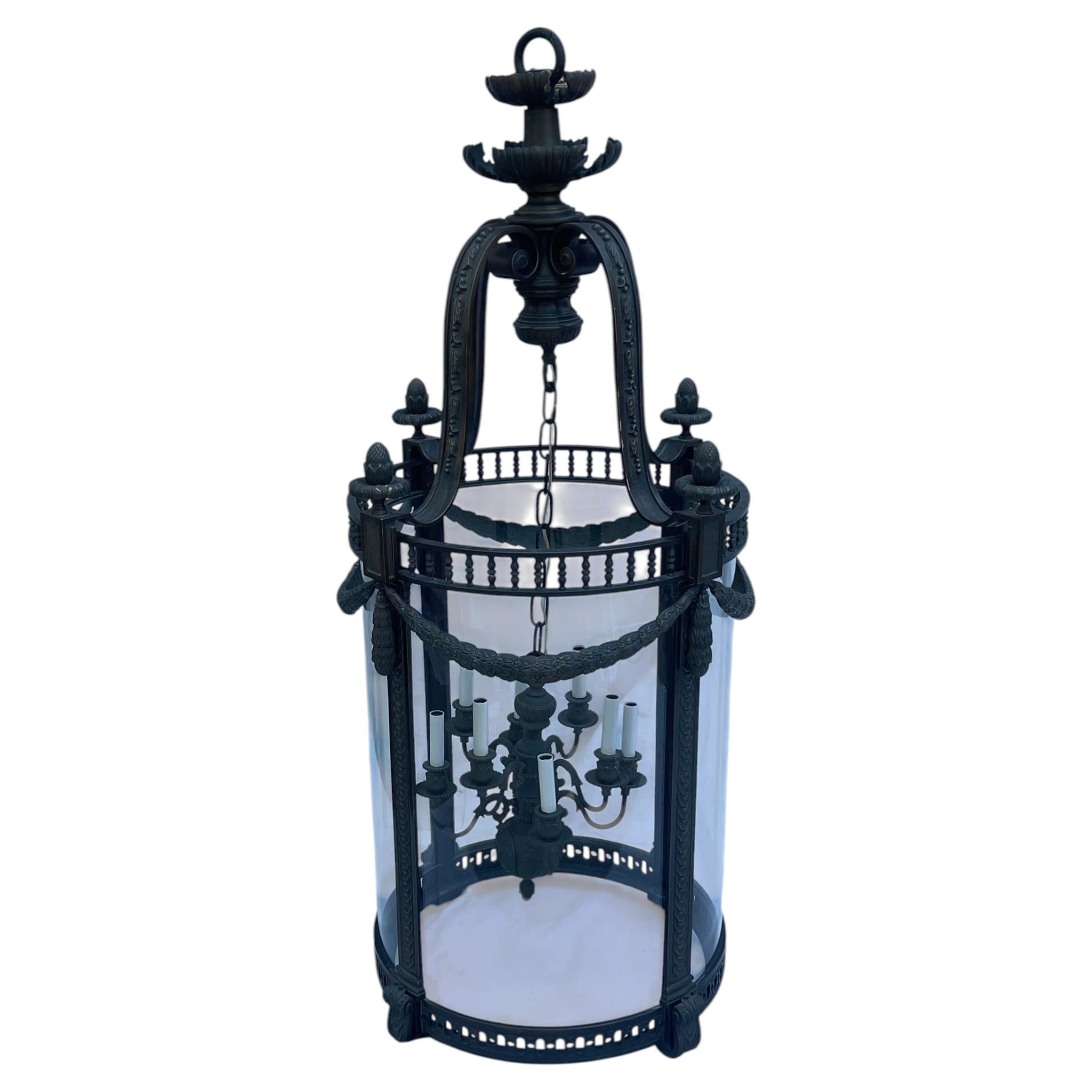 Wonderful French 6 Bronze Curved Glass Large Louis XVI E.F. Caldwell Lanterns For Sale