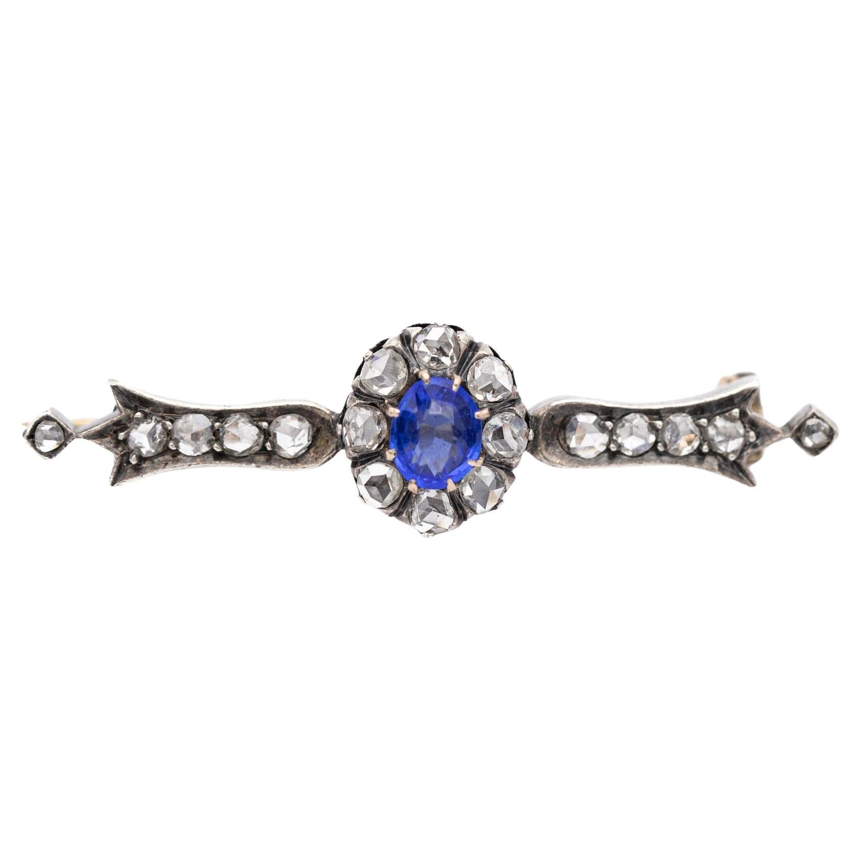 Wonderful French antique bar brooch - Victorian - rose cut diamonds & sapphire For Sale