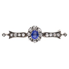 Wonderful French antique bar brooch - Victorian - rose cut diamonds & sapphire