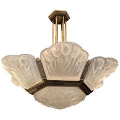 Vintage Wonderful French Art Deco Bronze Lilly Flower Frosted Glass Degué Chandelier
