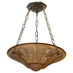 Wonderful French Art Deco Chandelier Dugué Pink Peach Glass Nickel Flush Fixture