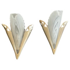 Wonderful French Art Deco Frosted Feather Art Glass Nickel Pair Wall Sconces