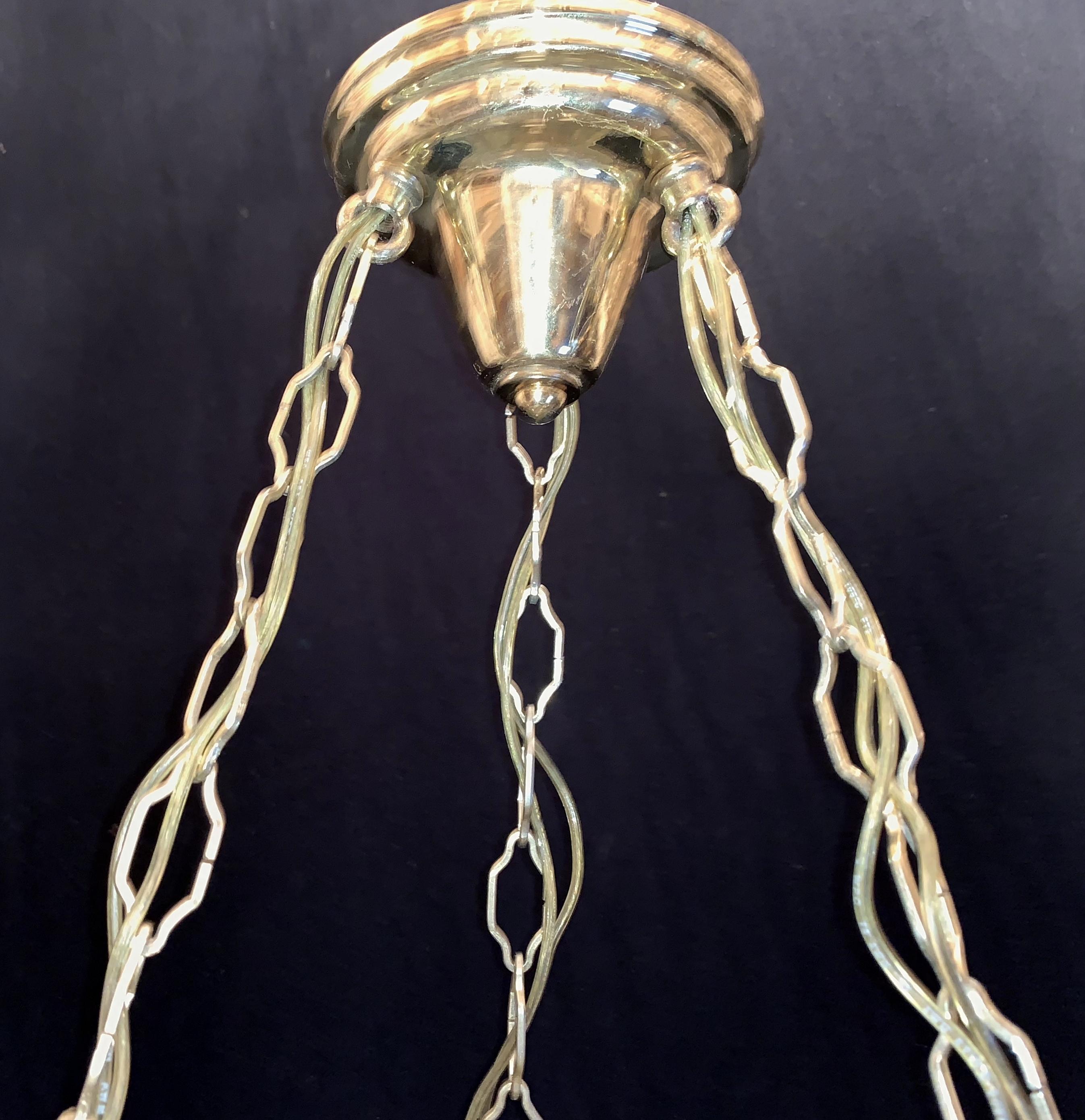 20th Century Wonderful French Art Deco Frosted Floral Design Glass Brass Degué Chandelier For Sale