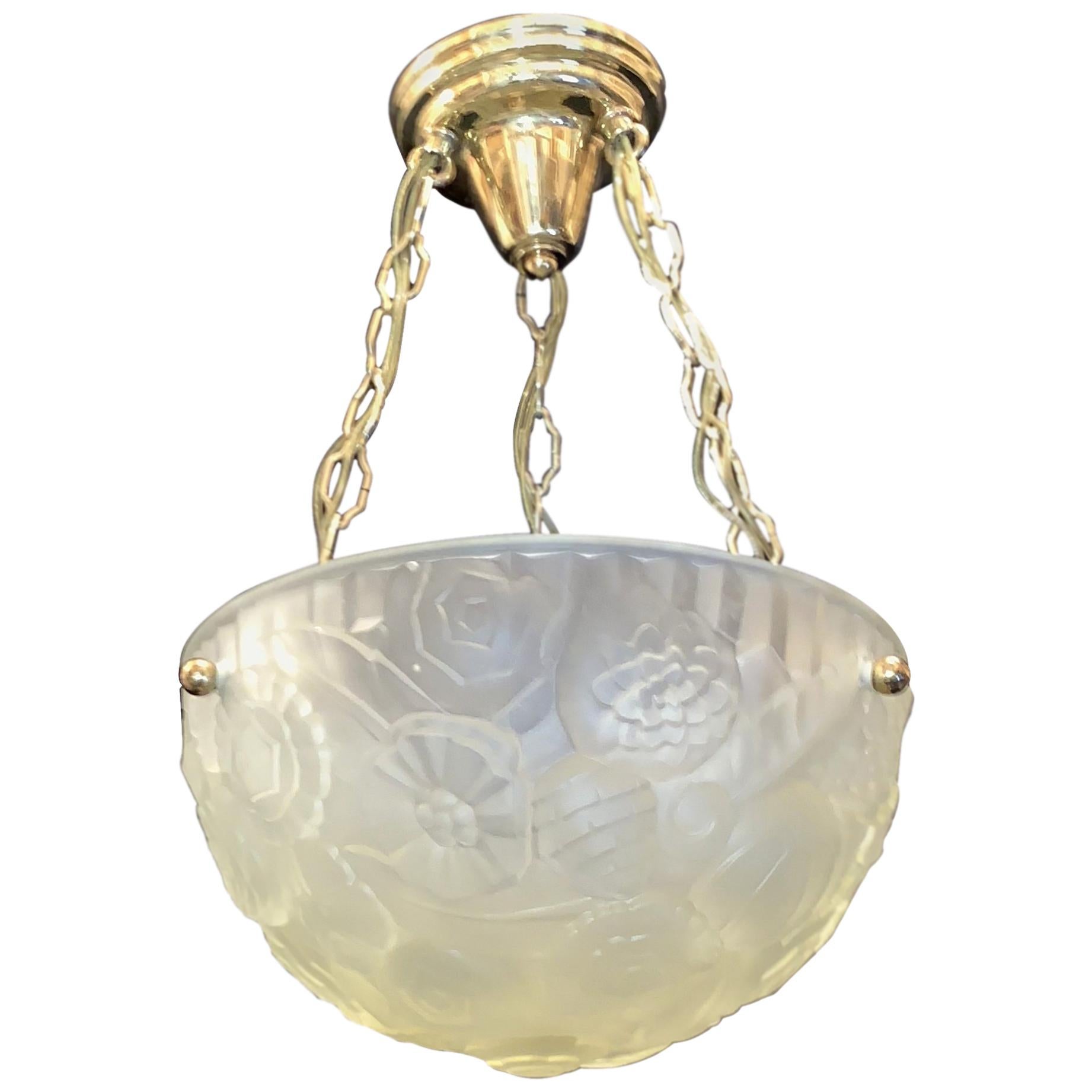 Wonderful French Art Deco Frosted Floral Design Glass Brass Degué Chandelier