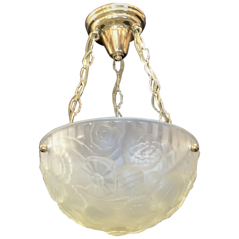 Wonderful French Art Deco Frosted Floral Design Glass Brass Degué Chandelier For Sale