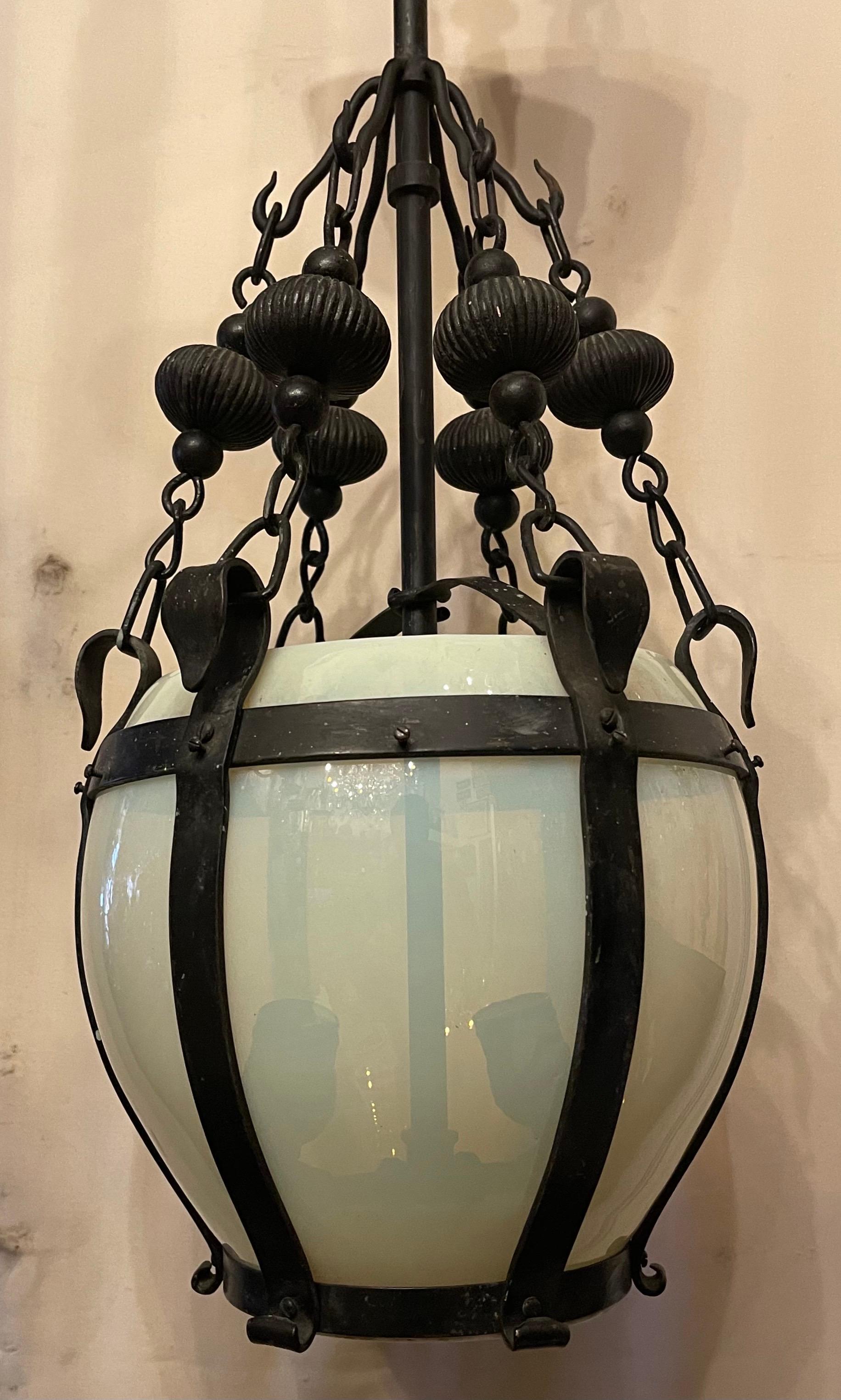 Wonderful French Art Deco Opaline Glass and Wrought Iron Lantern Pendent Fixture In Good Condition In Roslyn, NY