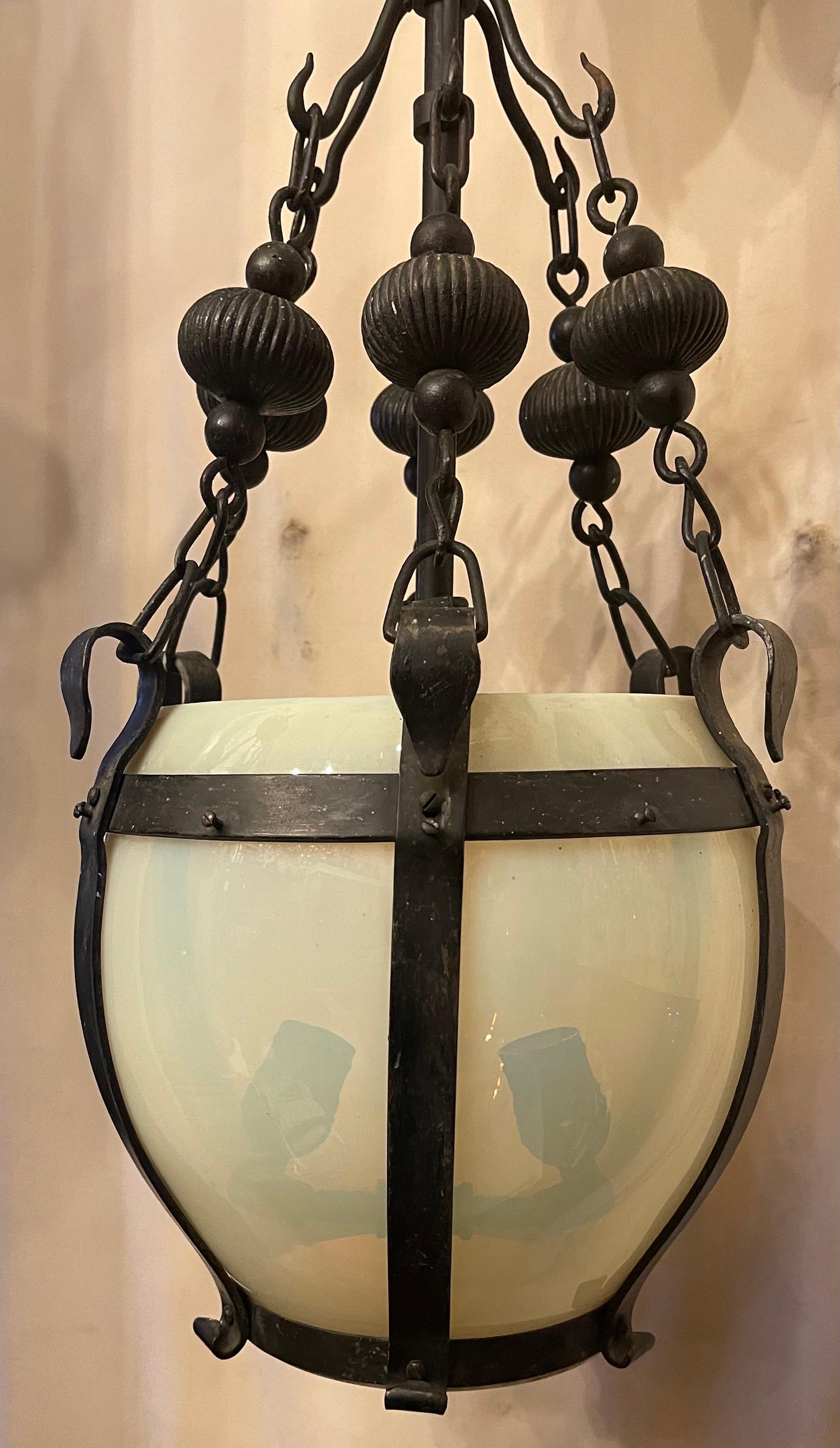 Wonderful French Art Deco Opaline Glass and Wrought Iron Lantern Pendent Fixture 1