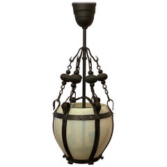 Wonderful French Art Deco Opaline Glass and Wrought Iron Lantern Pendent Fixture
