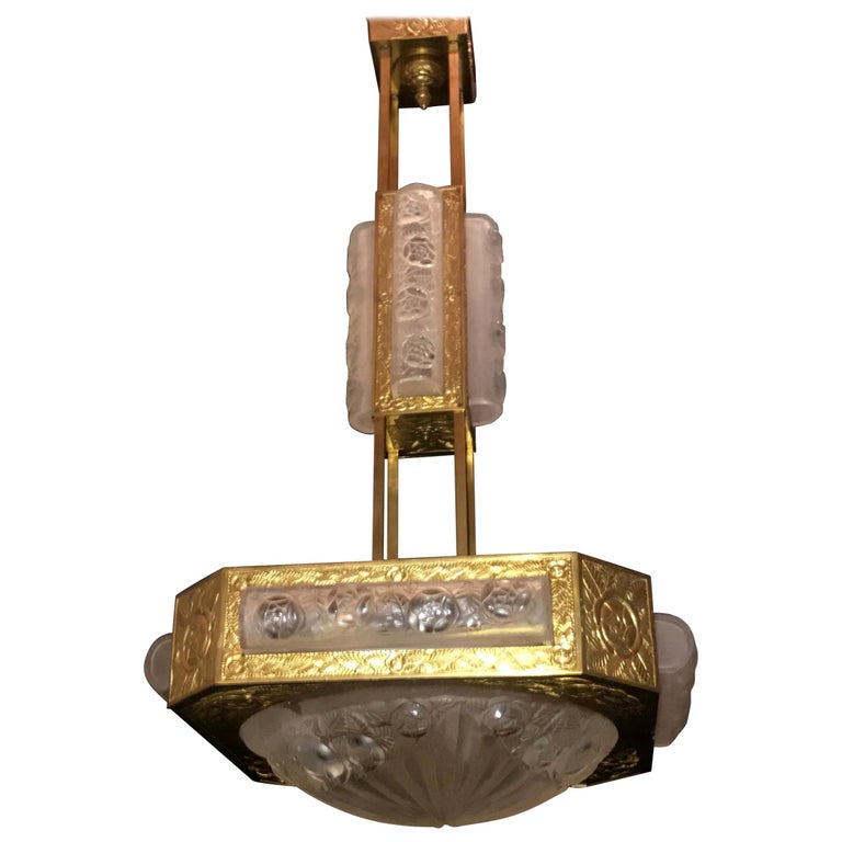 Wonderful French Art Deco Signed Degué Bronze Frosted Glass Square Chandelier For Sale