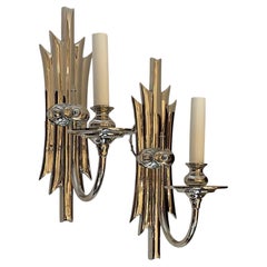 Wonderful French Art Deco Starburst Hollywood Regency Nickel Set 4 Wall Sconces