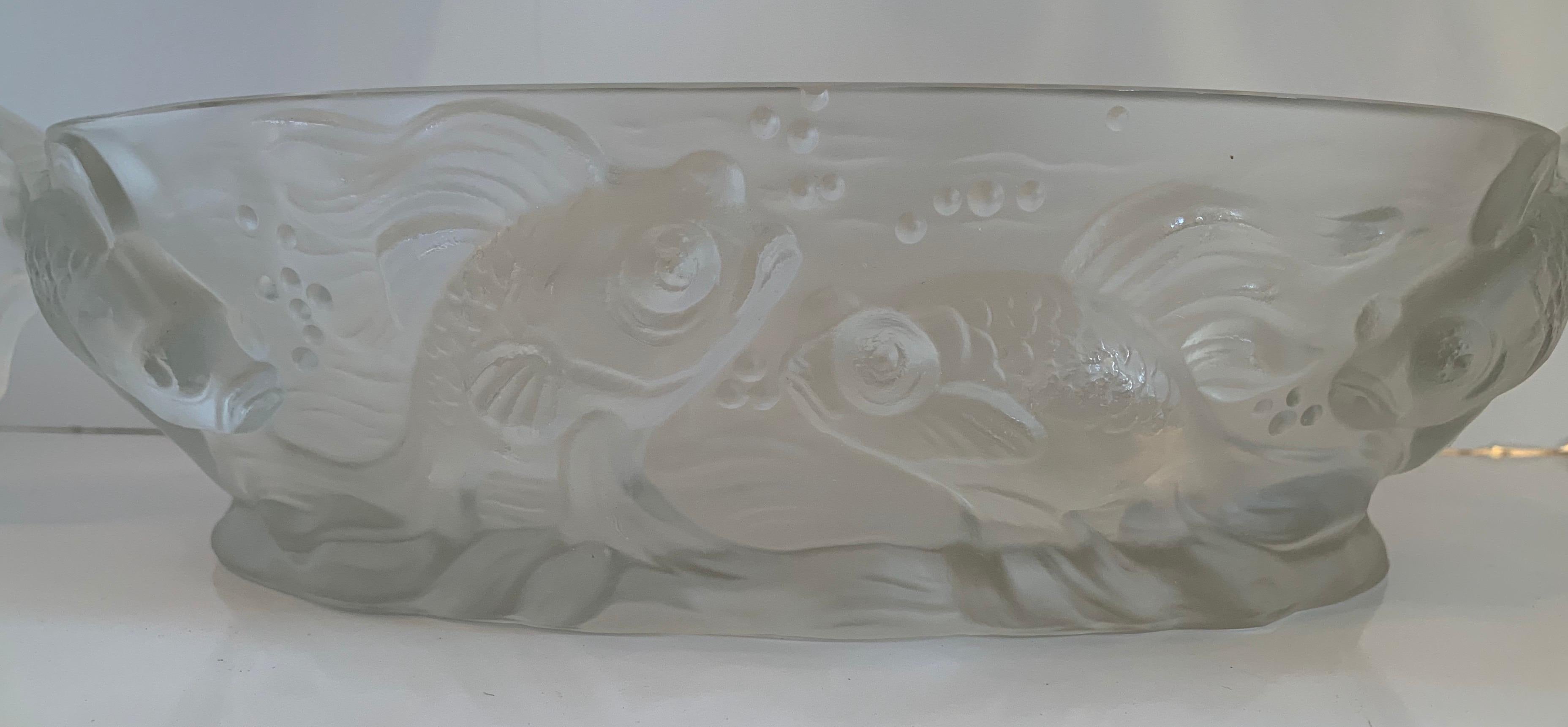 Art Glass Wonderful French Art Deco Verlys Glass Poissons Koi Fish Oval Centerpiece Bowl