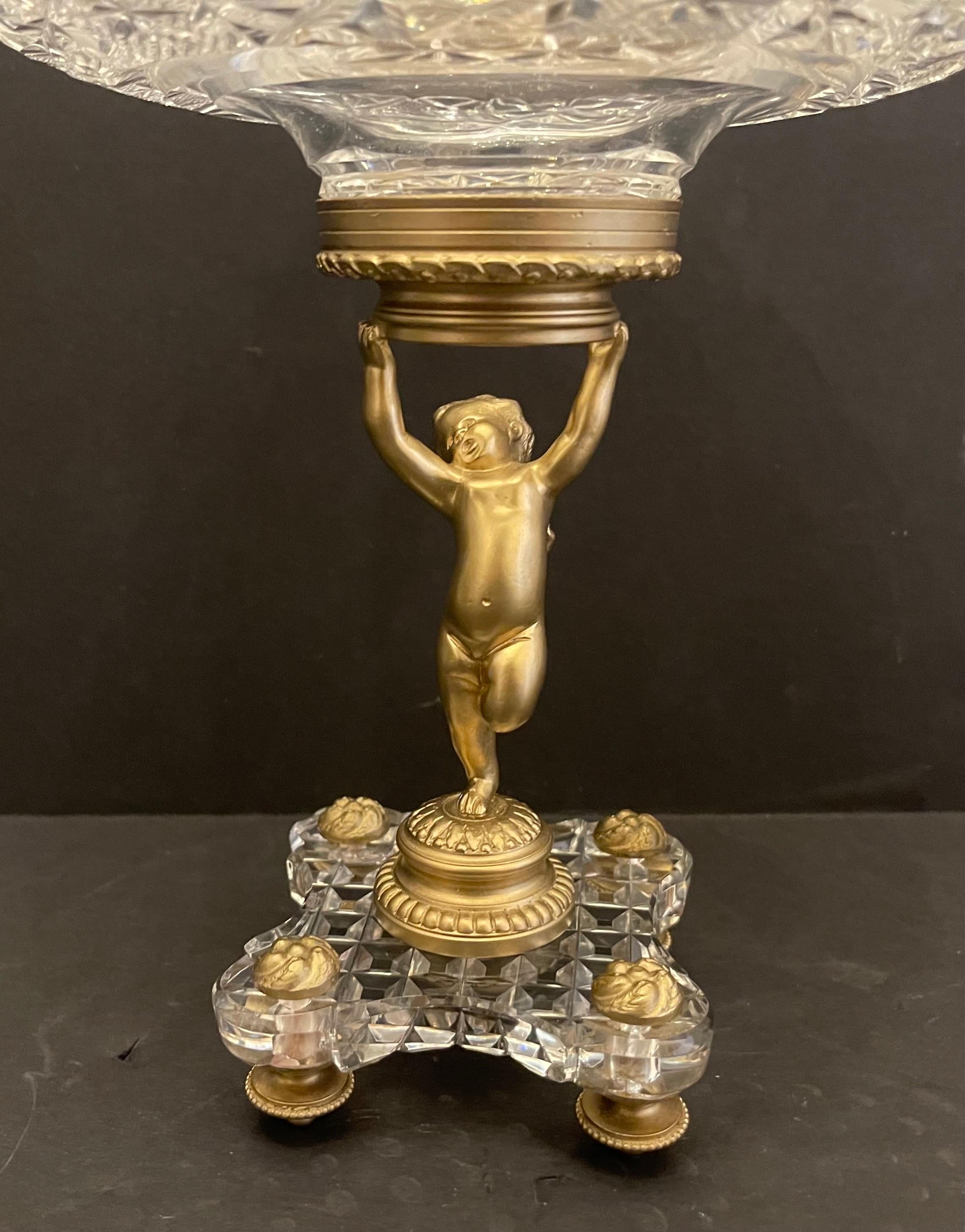 Belle Époque Wonderful French Baccarat Bronze Crystal Ormolu Cherub Putti Compote Centerpiece For Sale