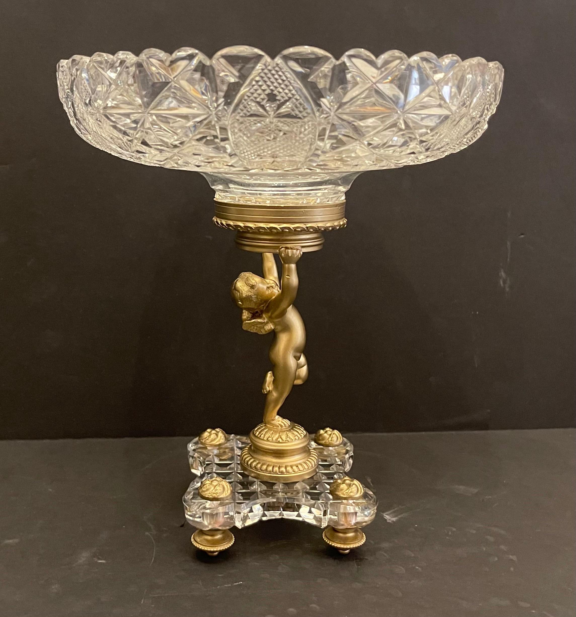 Gilt Wonderful French Baccarat Bronze Crystal Ormolu Cherub Putti Compote Centerpiece For Sale