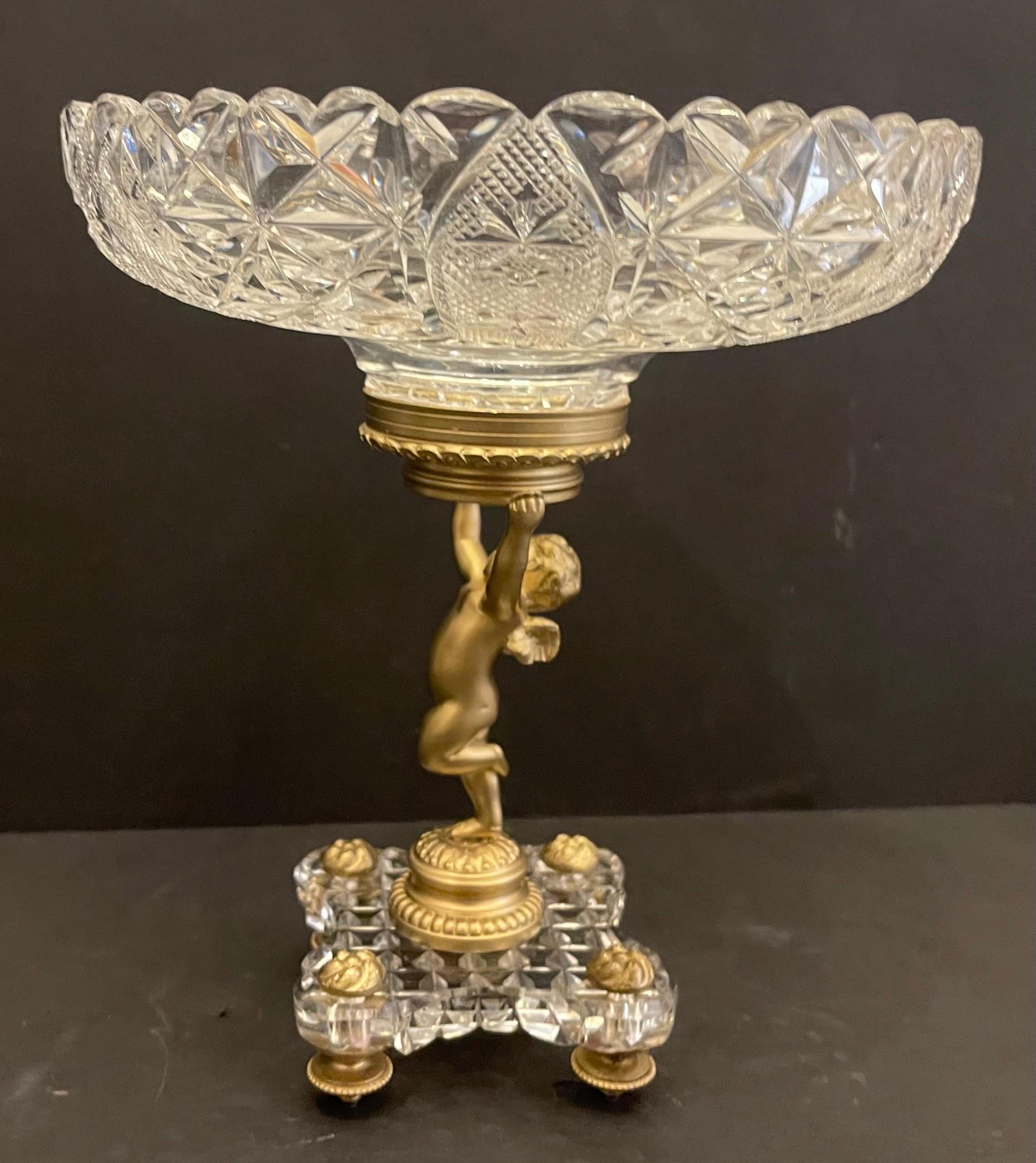 20th Century Wonderful French Baccarat Bronze Crystal Ormolu Cherub Putti Compote Centerpiece For Sale