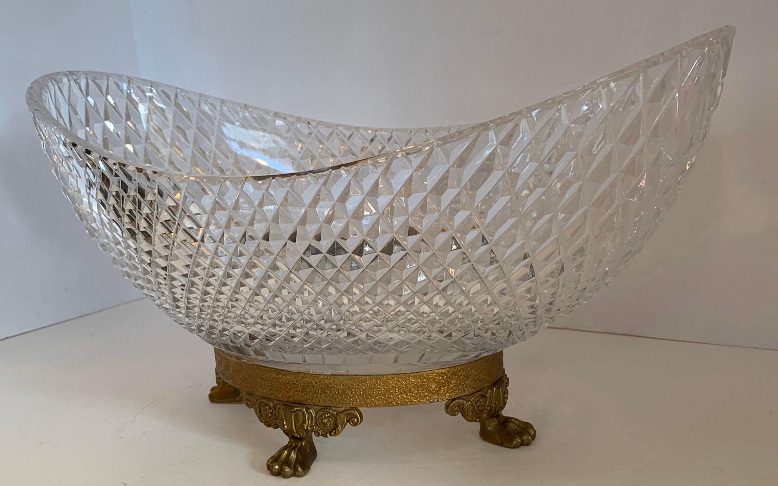 Belle Époque Wonderful French Baccarat Bronze Paw Foot Diamond Cut Crystal Oval Centerpiece