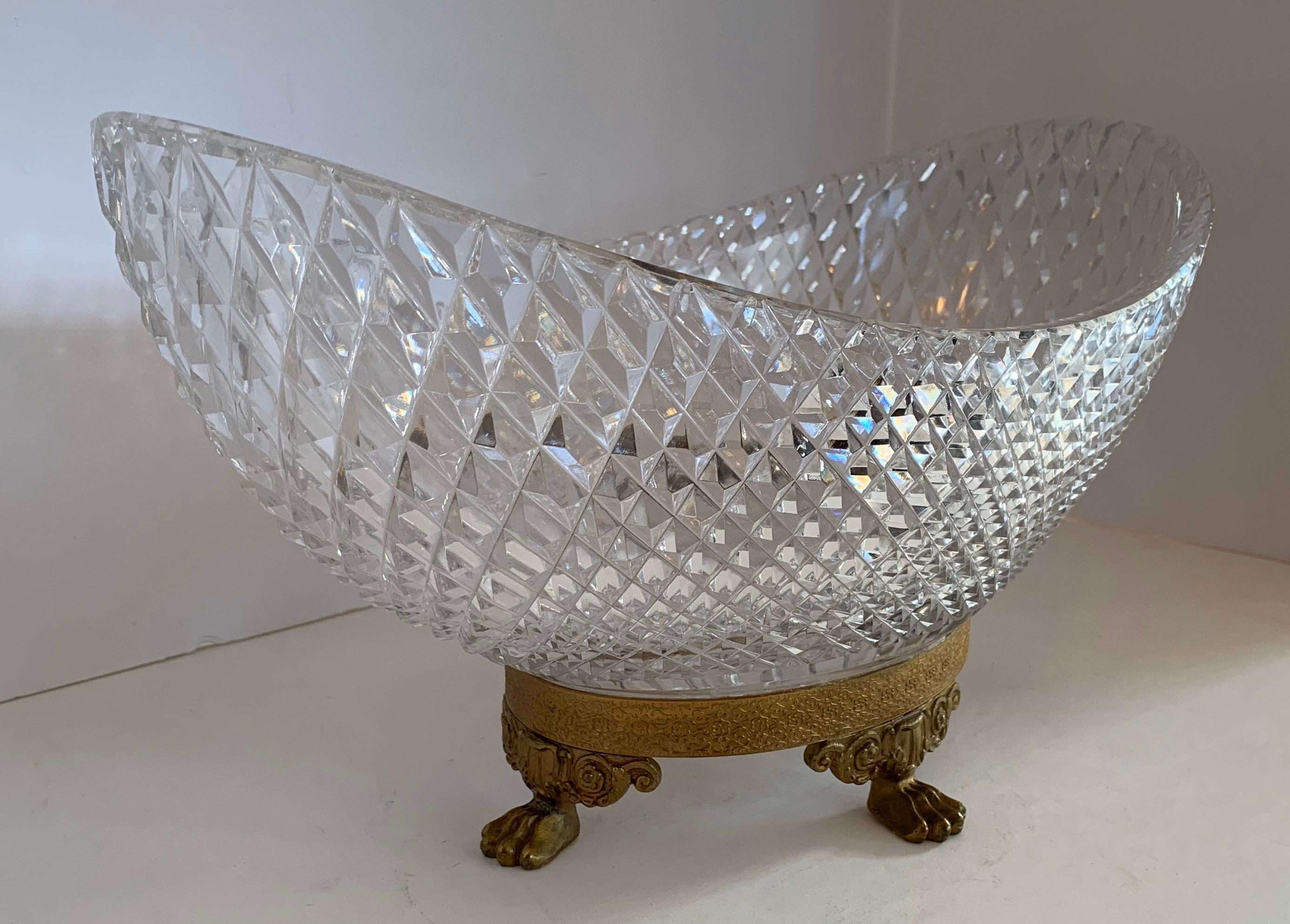 Faceted Wonderful French Baccarat Bronze Paw Foot Diamond Cut Crystal Oval Centerpiece