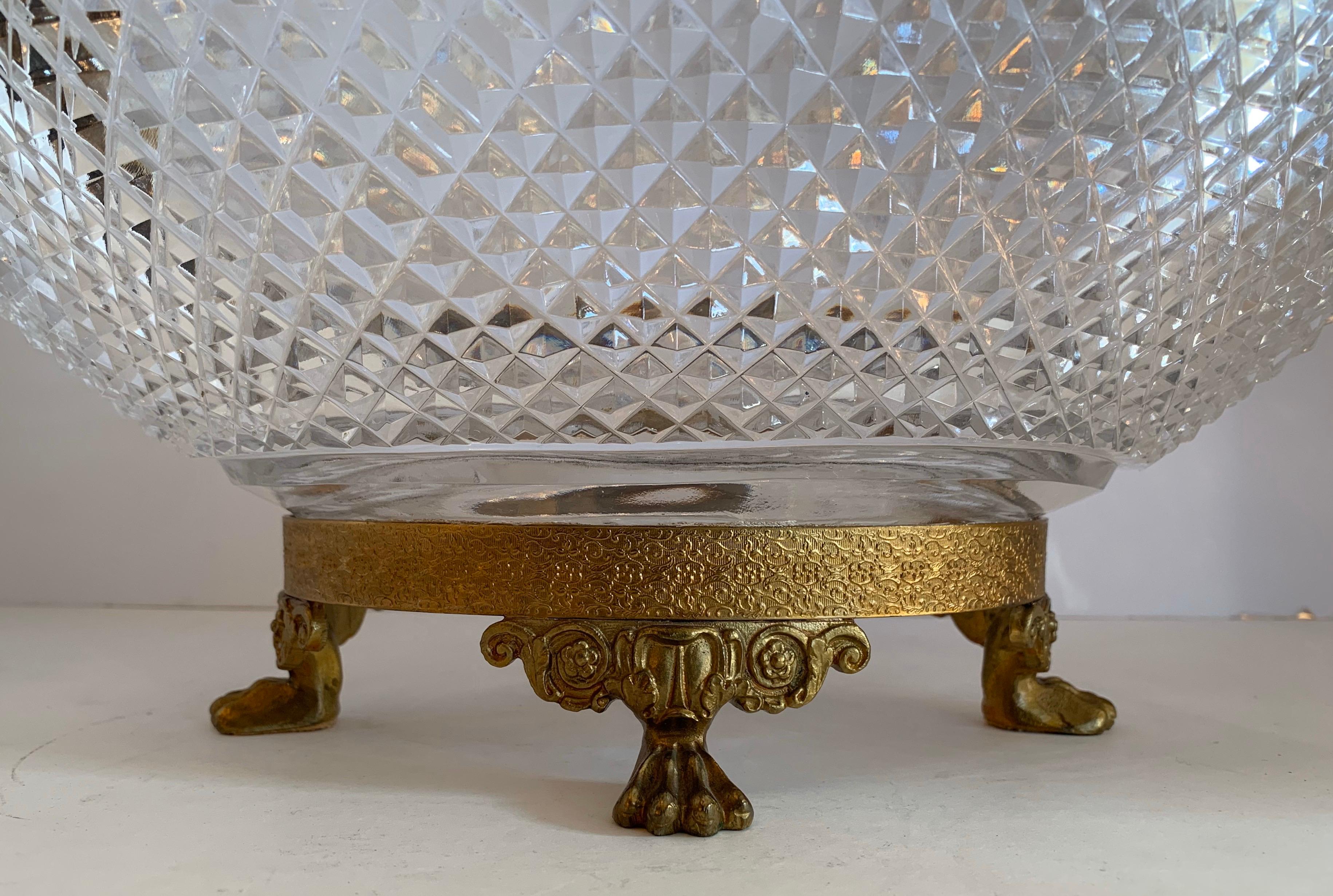 Wonderful French Baccarat Bronze Paw Foot Diamond Cut Crystal Oval Centerpiece In Good Condition For Sale In Roslyn, NY