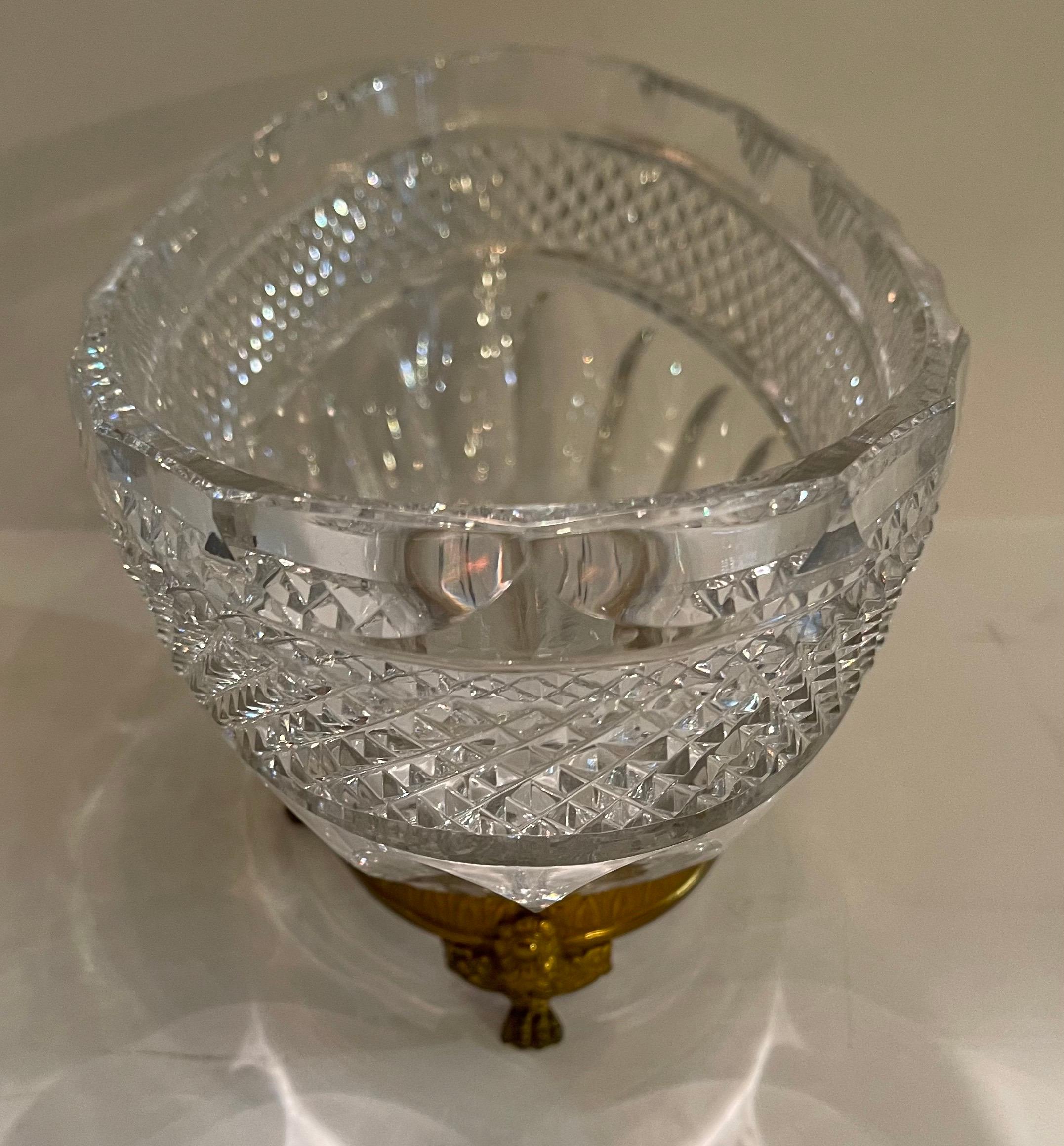 Gilt Wonderful French Baccarat Bronze Paw Foot Diamond Cut Crystal Oval Centerpiece For Sale