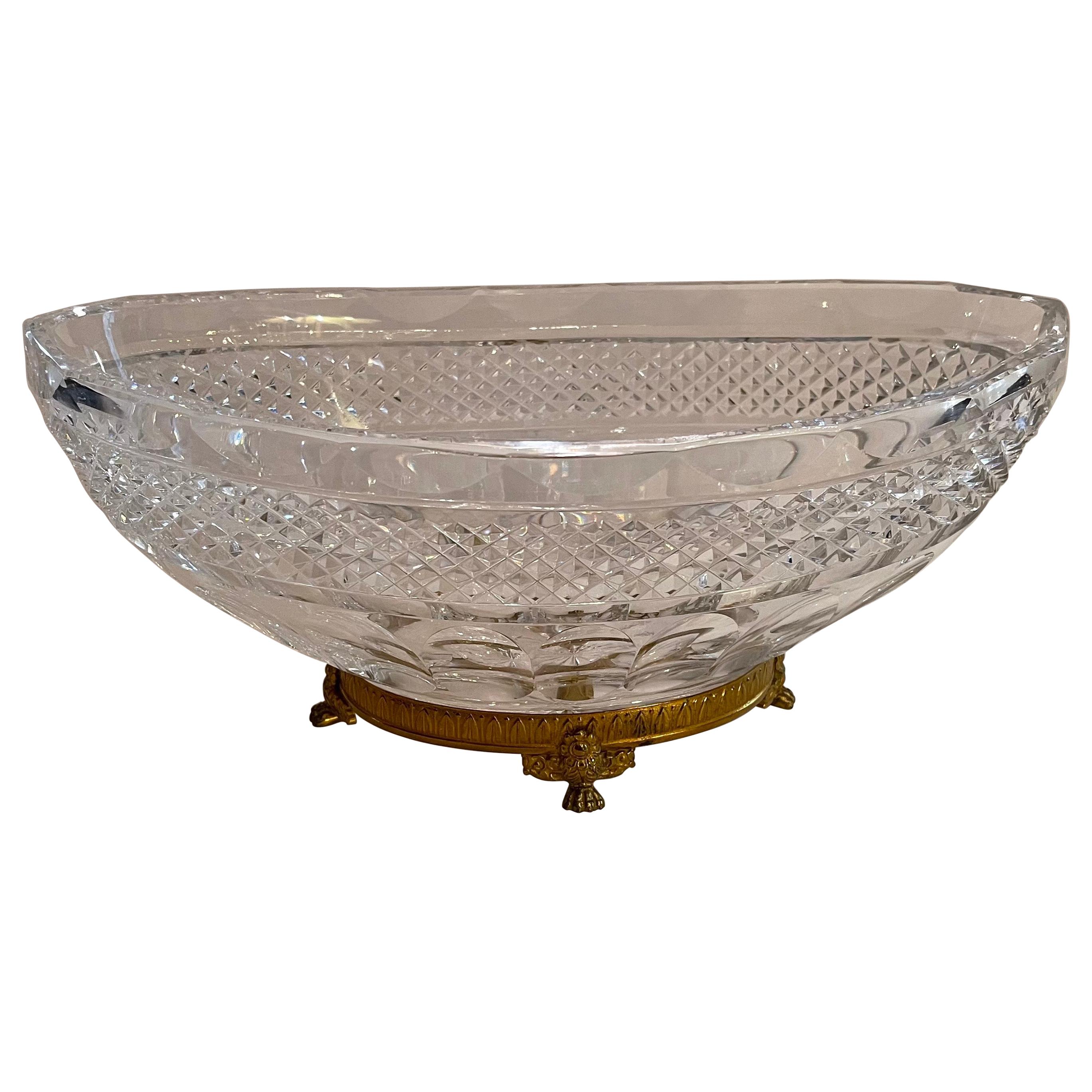 Wonderful French Baccarat Bronze Paw Foot Diamond Cut Crystal Oval Centerpiece For Sale