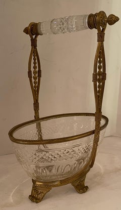 Wonderful French Baccarat Dore Bronze Cut Crystal Oval Basket Centerpiece Bowl