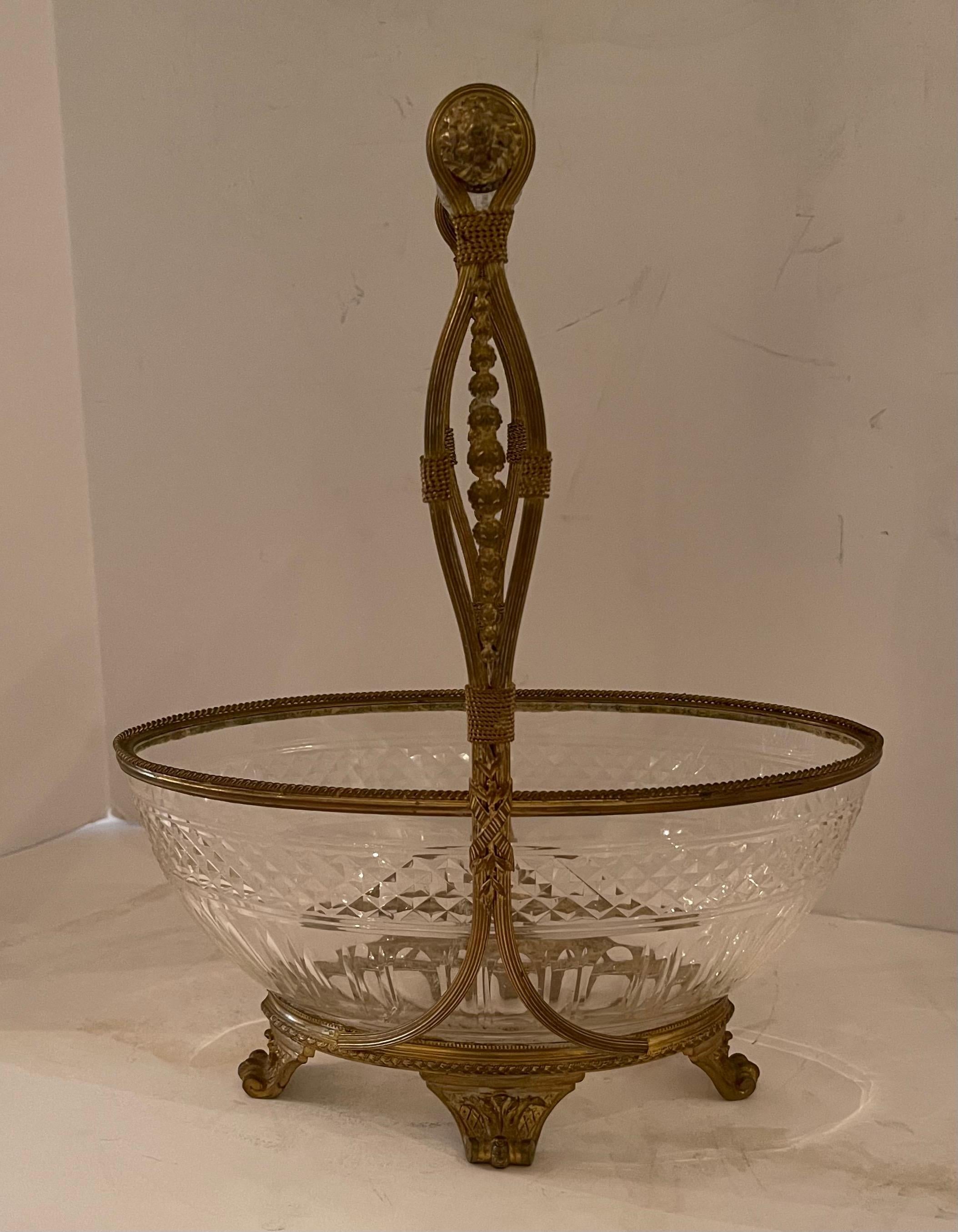 Belle Époque Wonderful French Baccarat Dore Bronze Cut Crystal Oval Basket Centerpiece Bowl For Sale