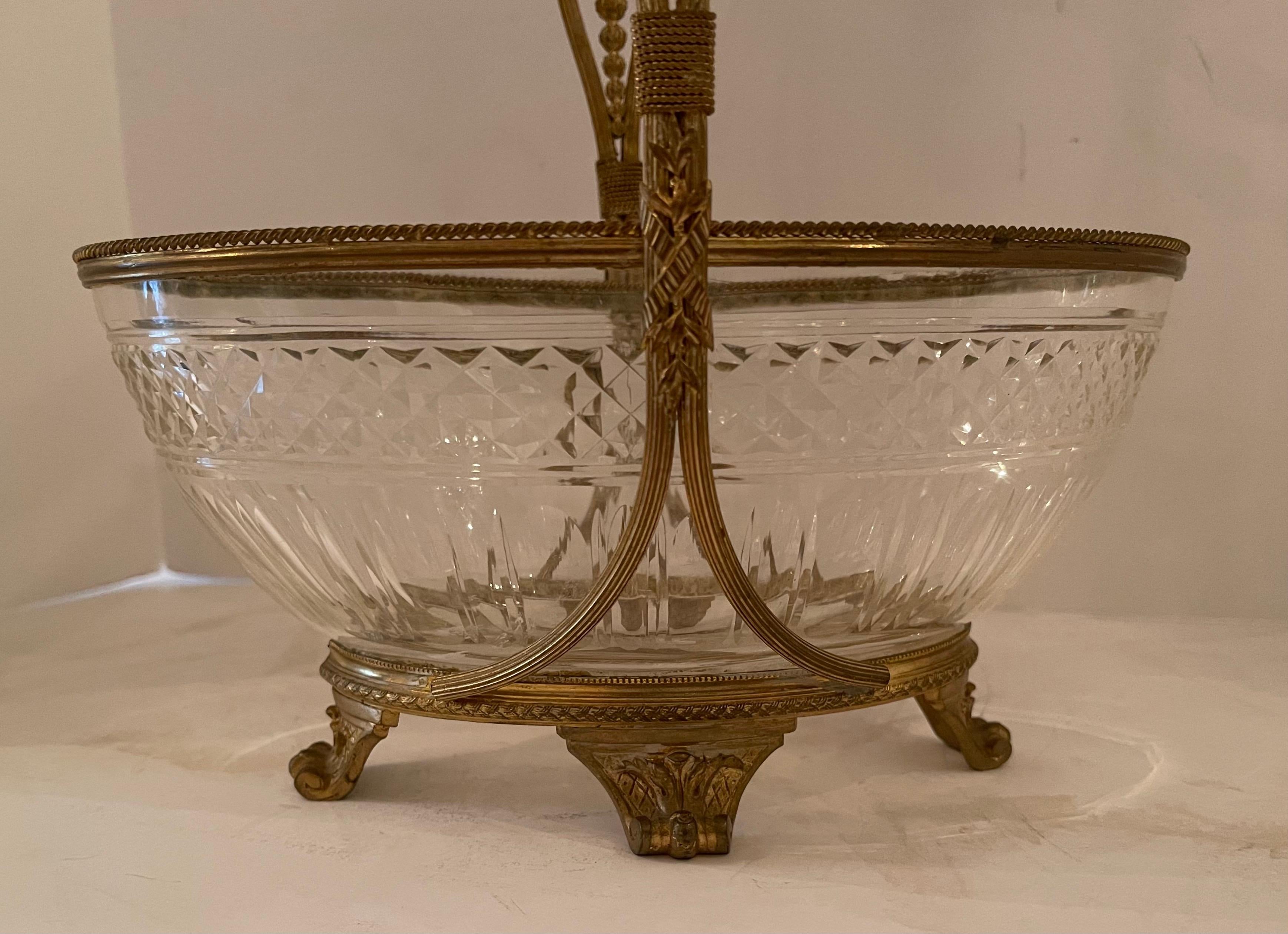 Faceted Wonderful French Baccarat Dore Bronze Cut Crystal Oval Basket Centerpiece Bowl For Sale