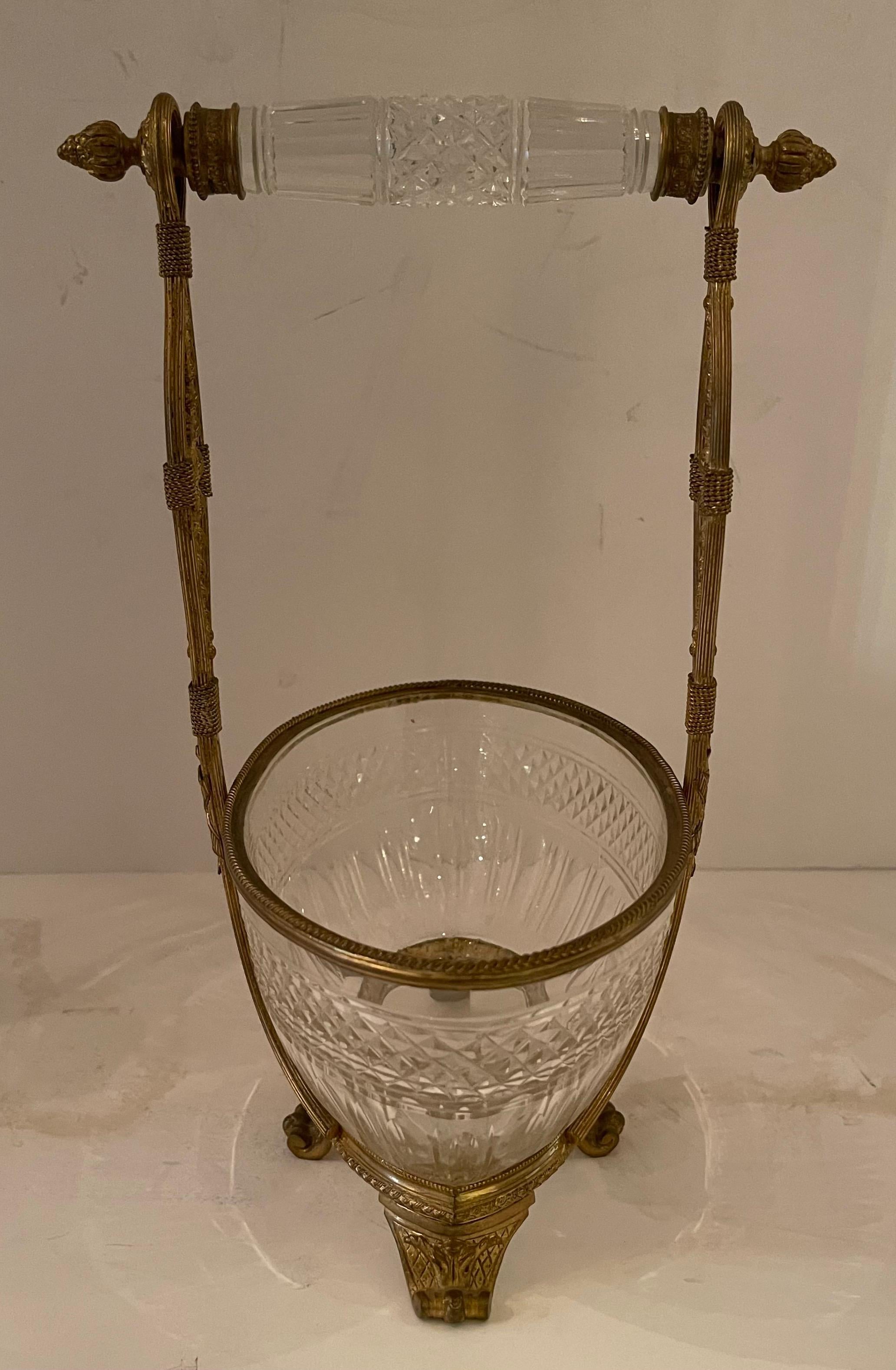 Wonderful French Baccarat Dore Bronze Cut Crystal Oval Basket Centerpiece Bowl In Good Condition For Sale In Roslyn, NY