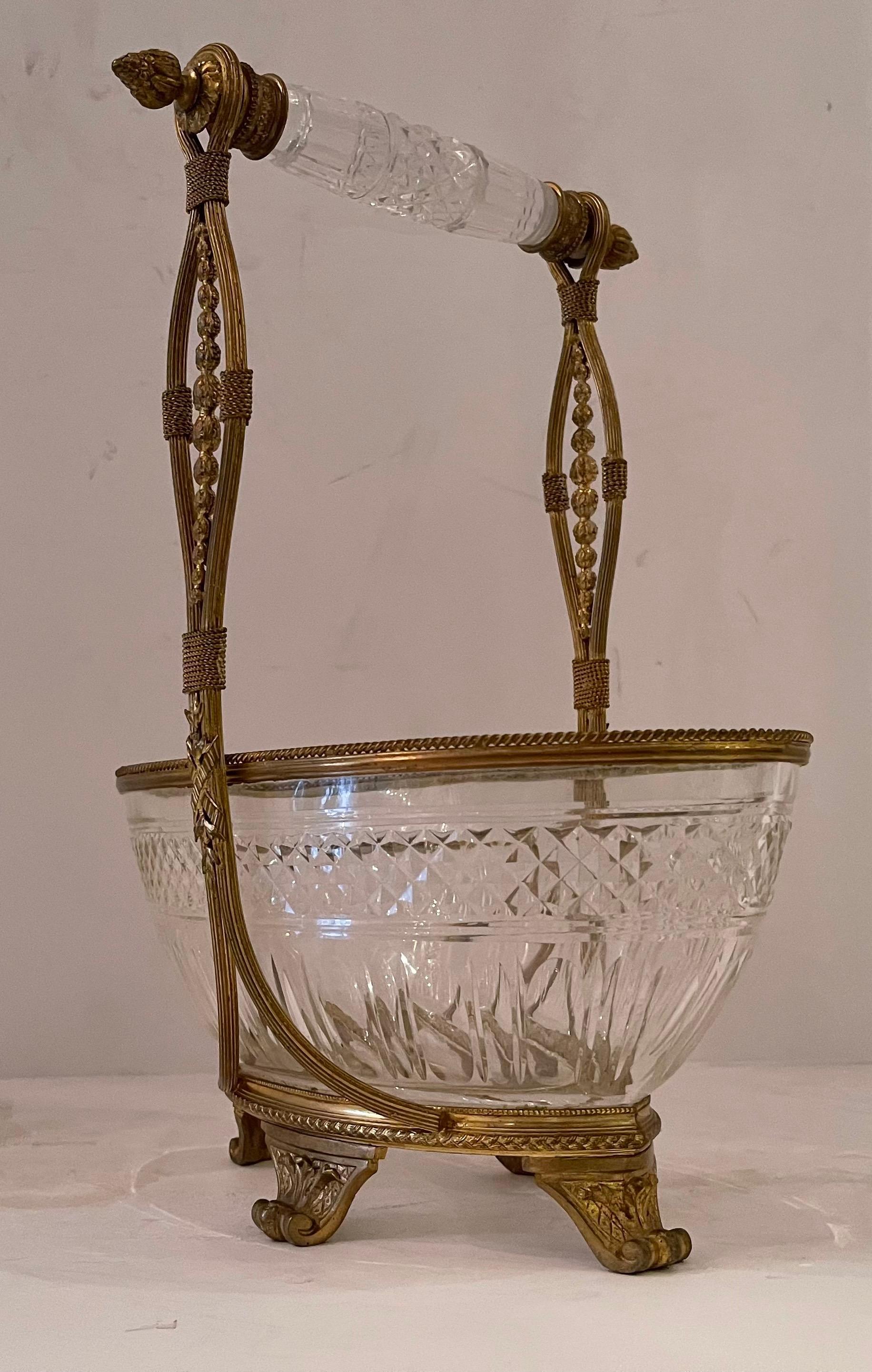 Wonderful French Baccarat Dore Bronze Cut Crystal Oval Basket Centerpiece Bowl For Sale 1