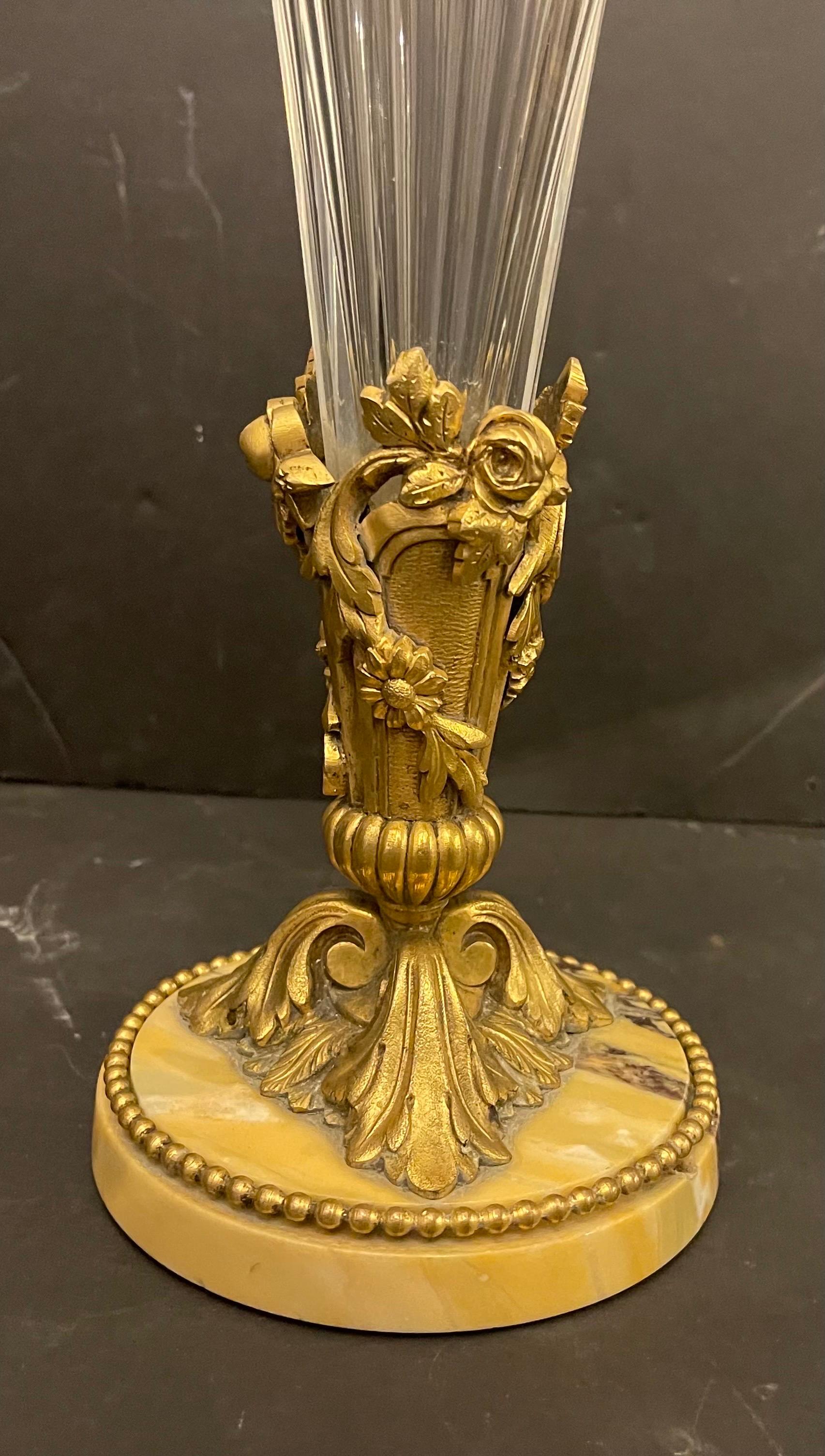 Gilt Wonderful French Baccarat Dore Bronze Filigree Ormolu Large Crystal Marble Vase For Sale