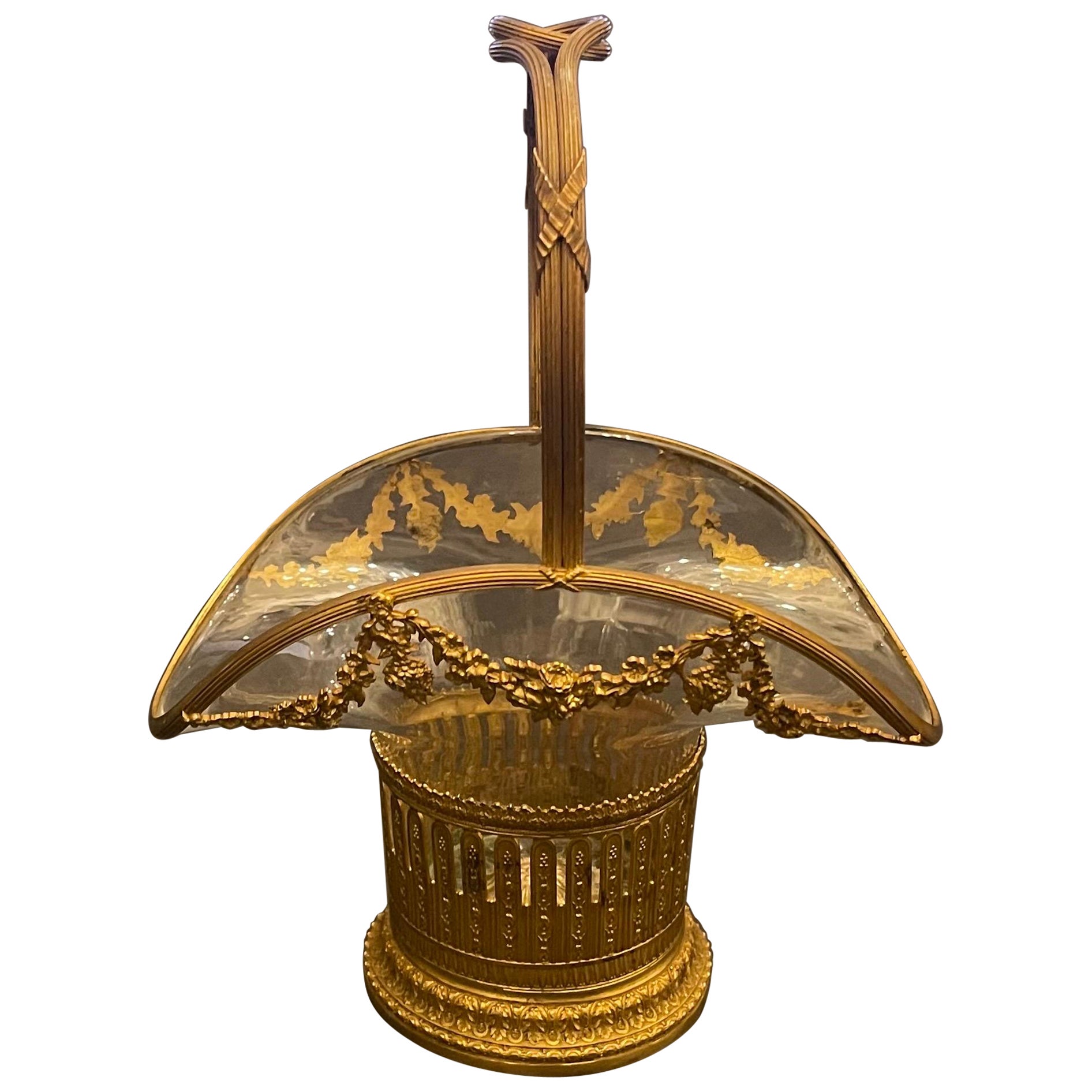 Wonderful French Baccarat Dore Bronze Ormolu Crystal Glass Basket Centerpiece