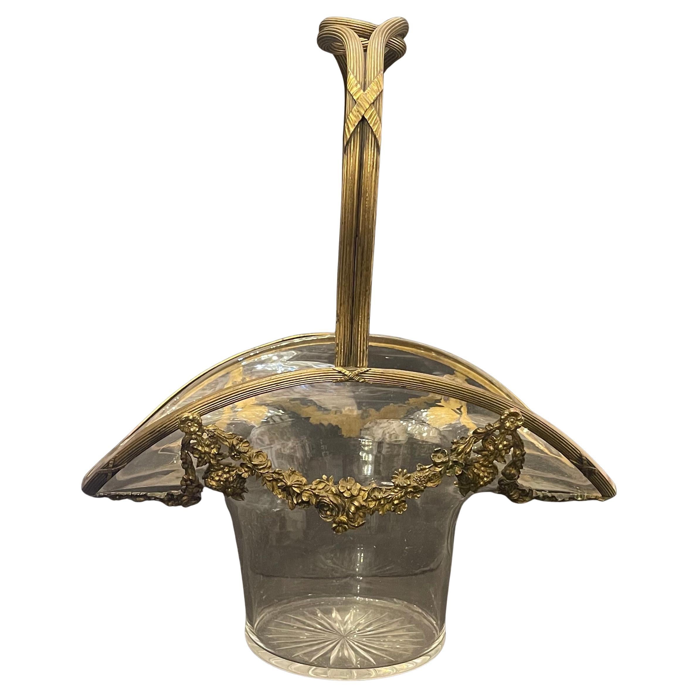 Wonderful French Baccarat Dore Bronze Ormolu Crystal Glass Basket Centerpiece